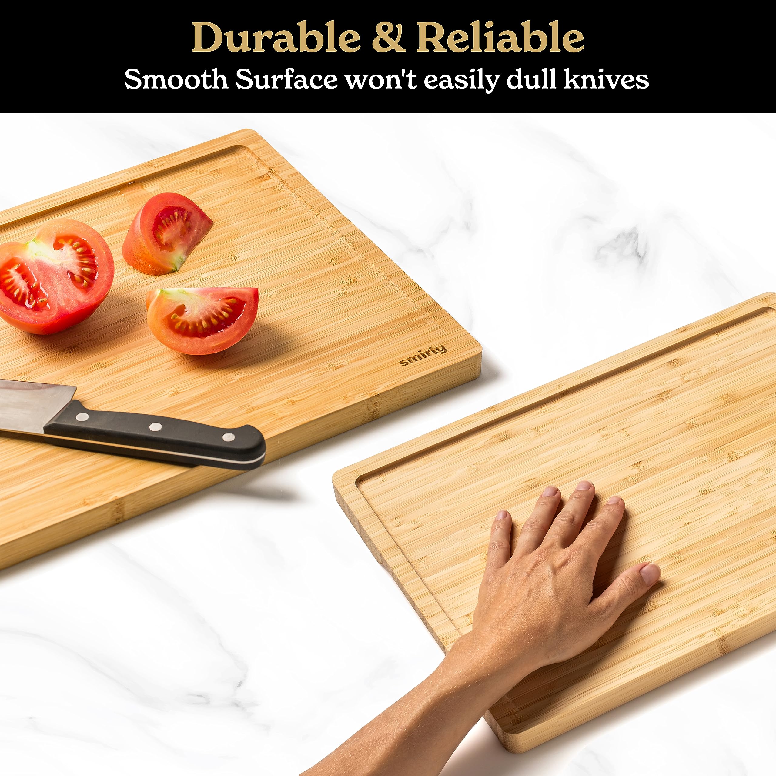 SMIRLY cutting board with easy-grip handles offers comfortable control during chopping