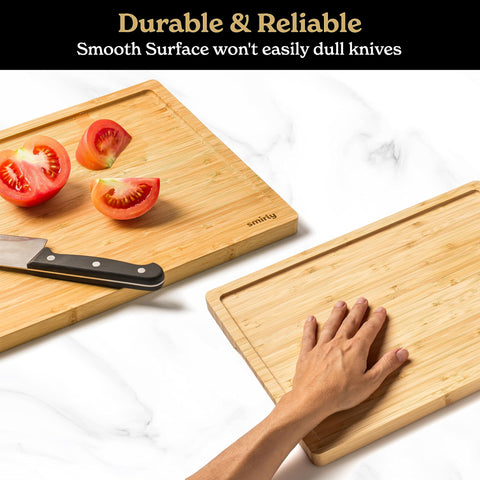 SMIRLY cutting board with easy-grip handles offers comfortable control during chopping