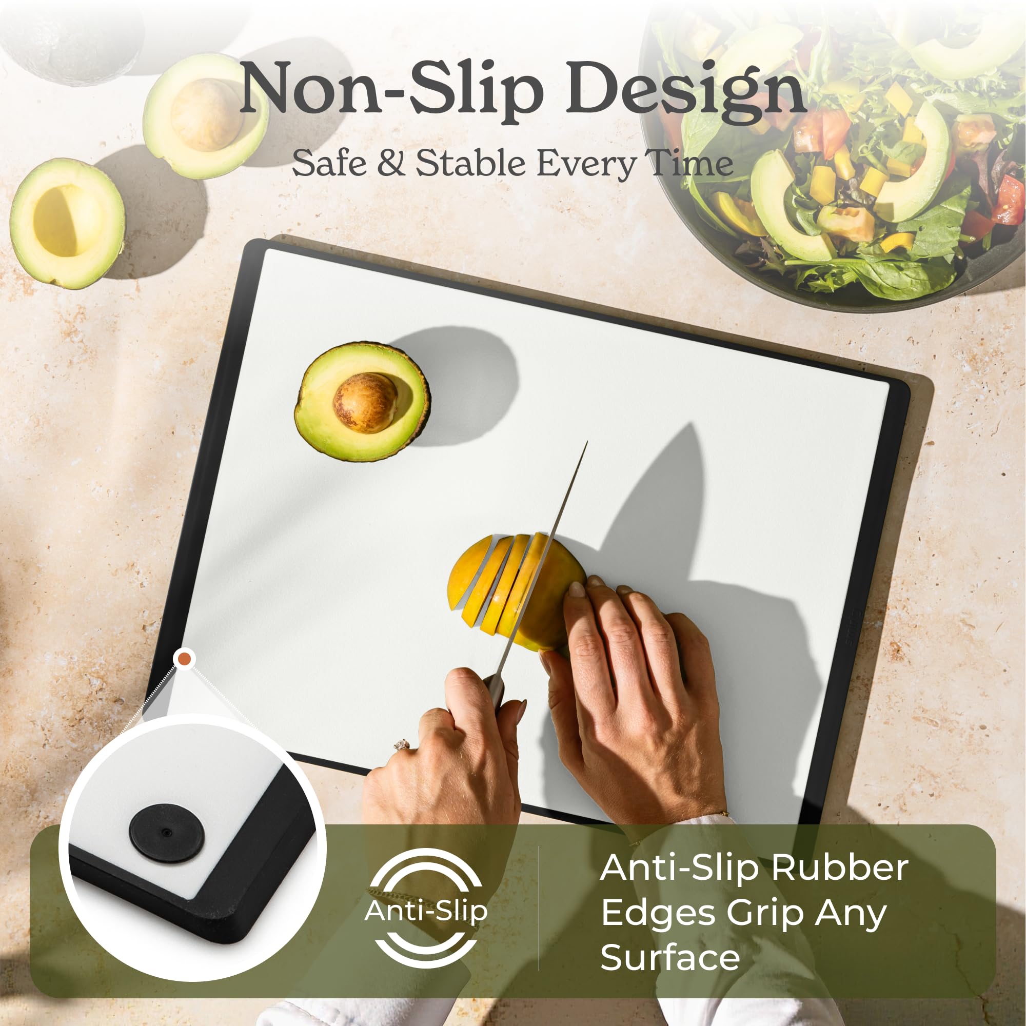 SMIRLY boards feature non-slip feet for stable chopping on counters.