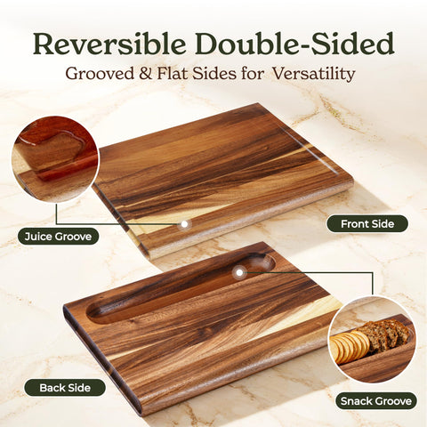 Smirly walnut board with reversible design for prep and presentation.