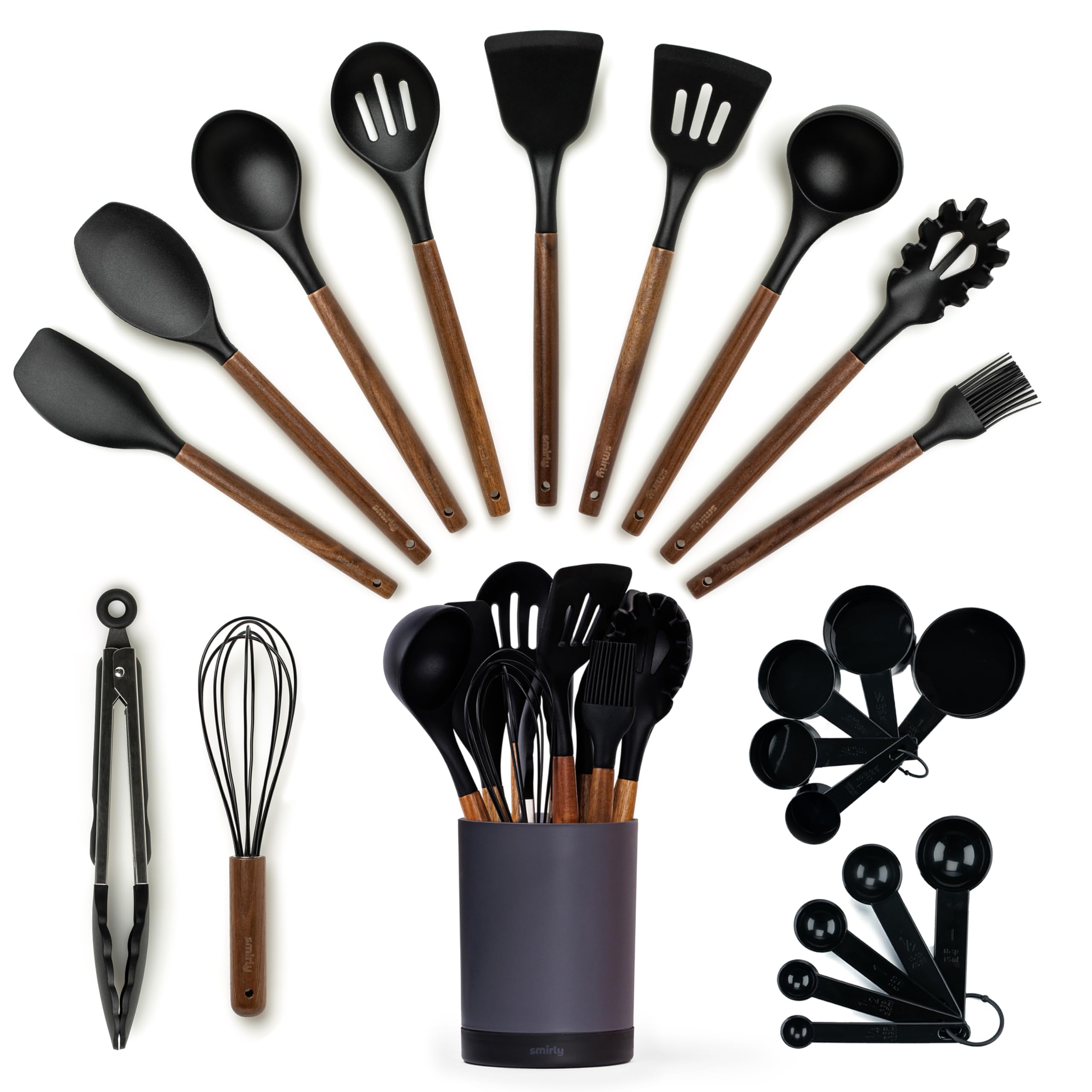 Smirly kitchen utensils set overview with wood handles.