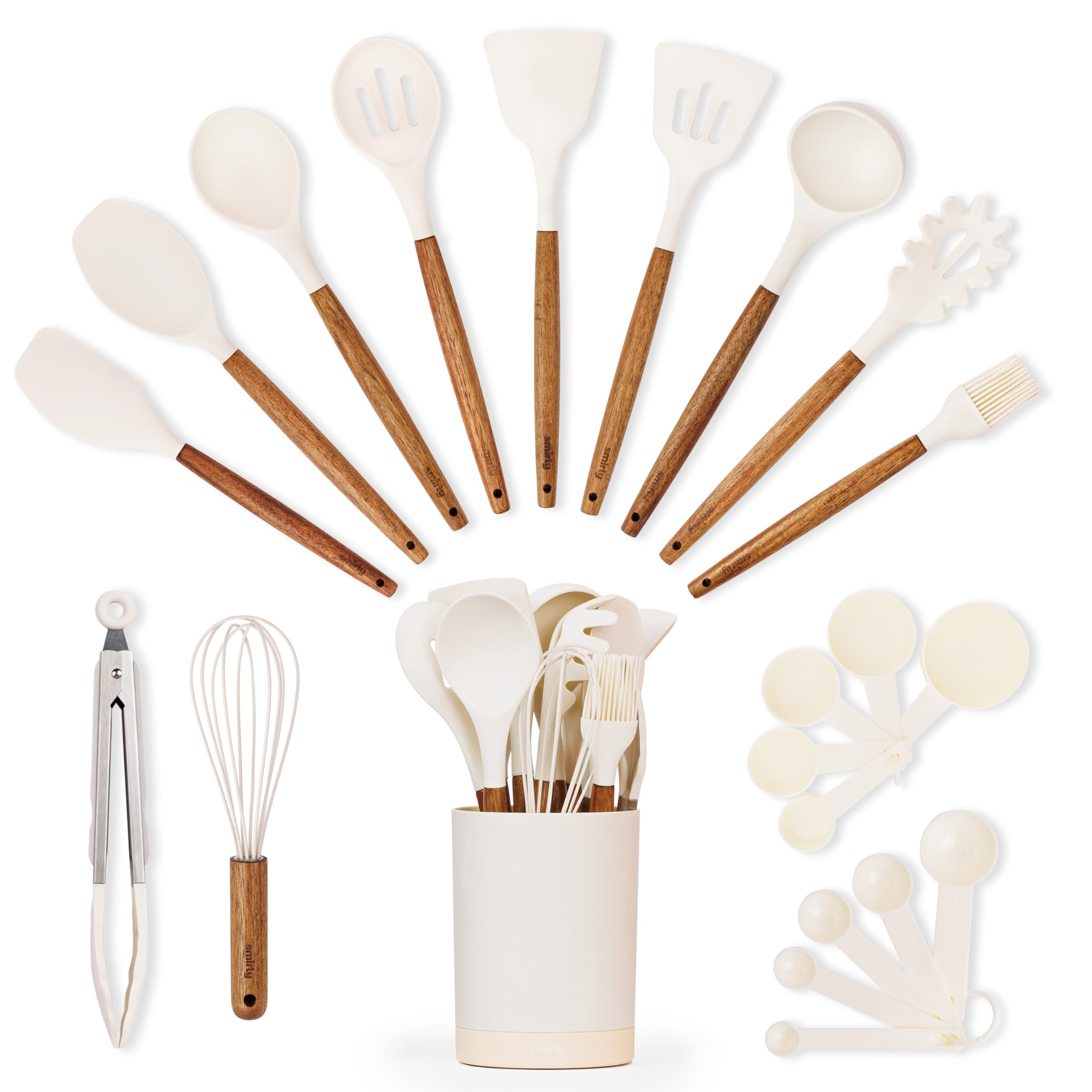 SMIRLY silicone utensils with acacia wood handles for nonstick cookware.