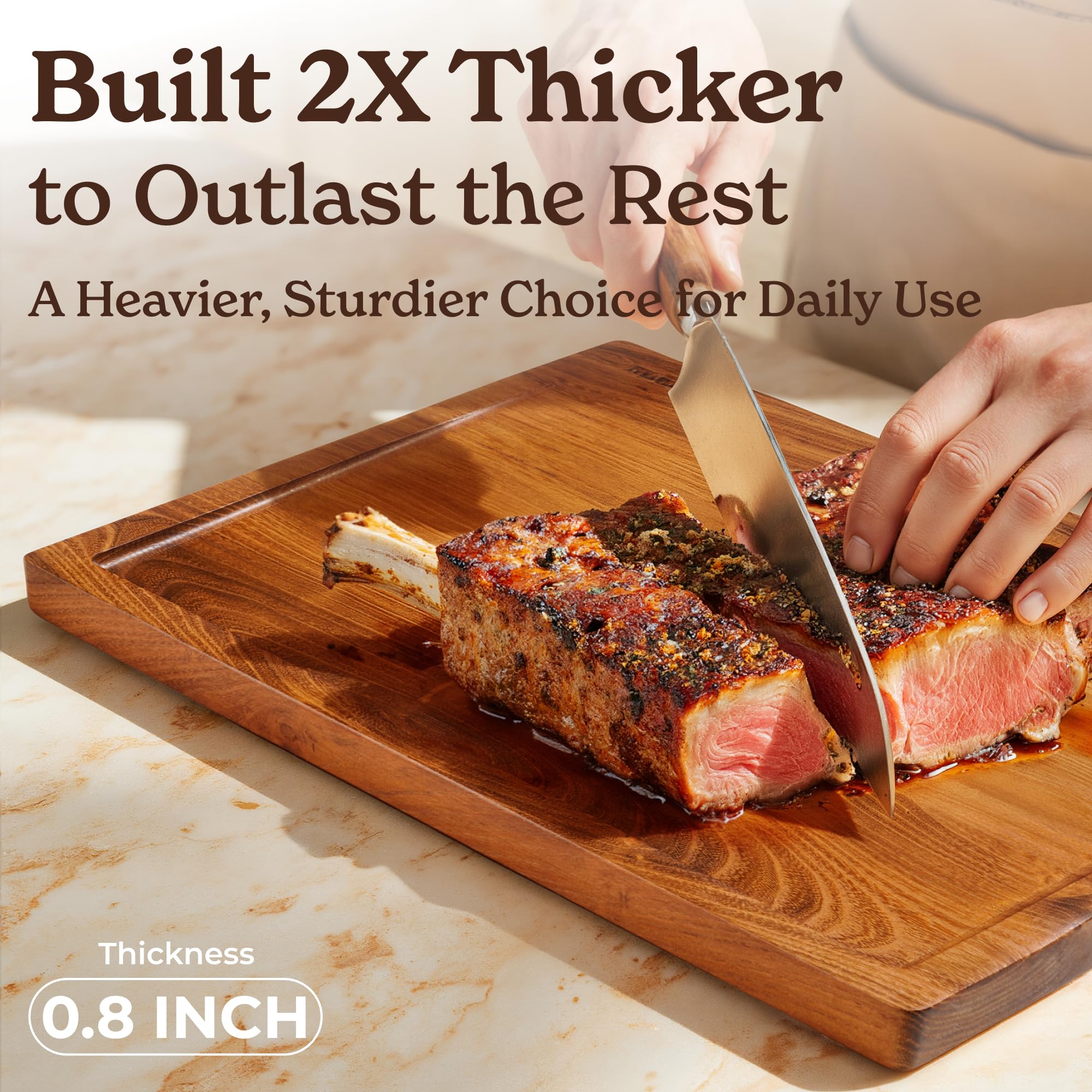 SMIRLY teak board with deep juice grooves to catch drips and keep counters clean.