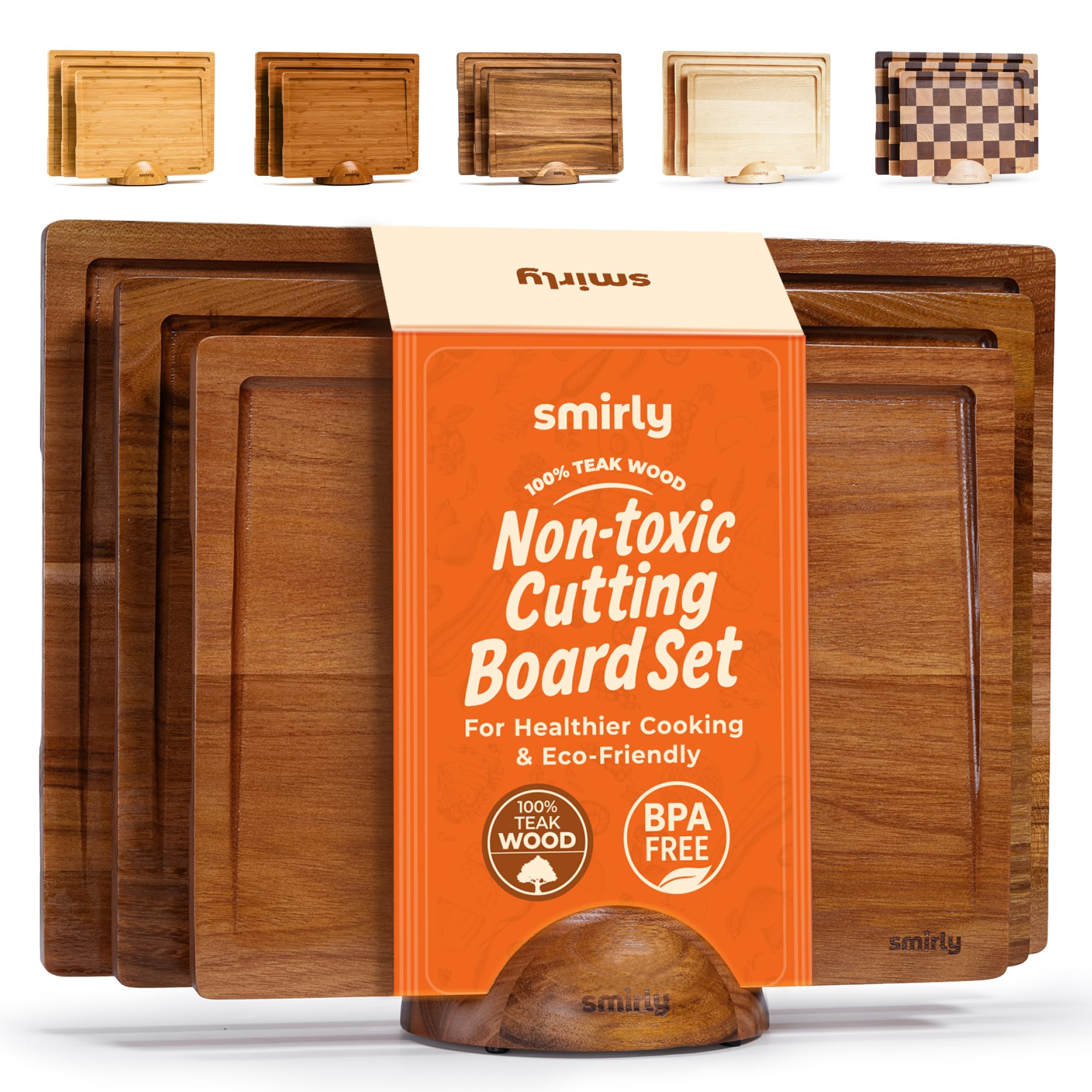 SMIRLY teak cutting board set, reversible surface for versatile meal prep and service.