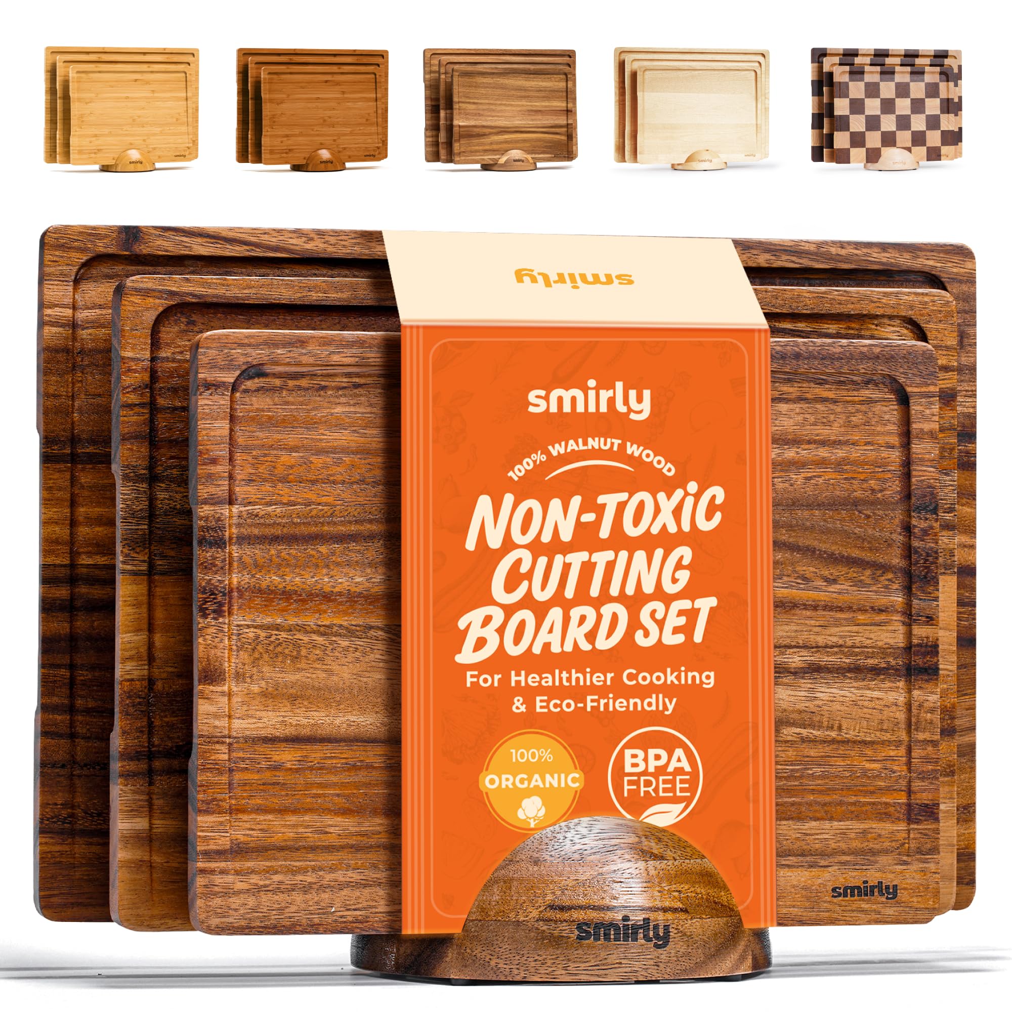 SMIRLY walnut cutting board set with holder for organized kitchen prep.