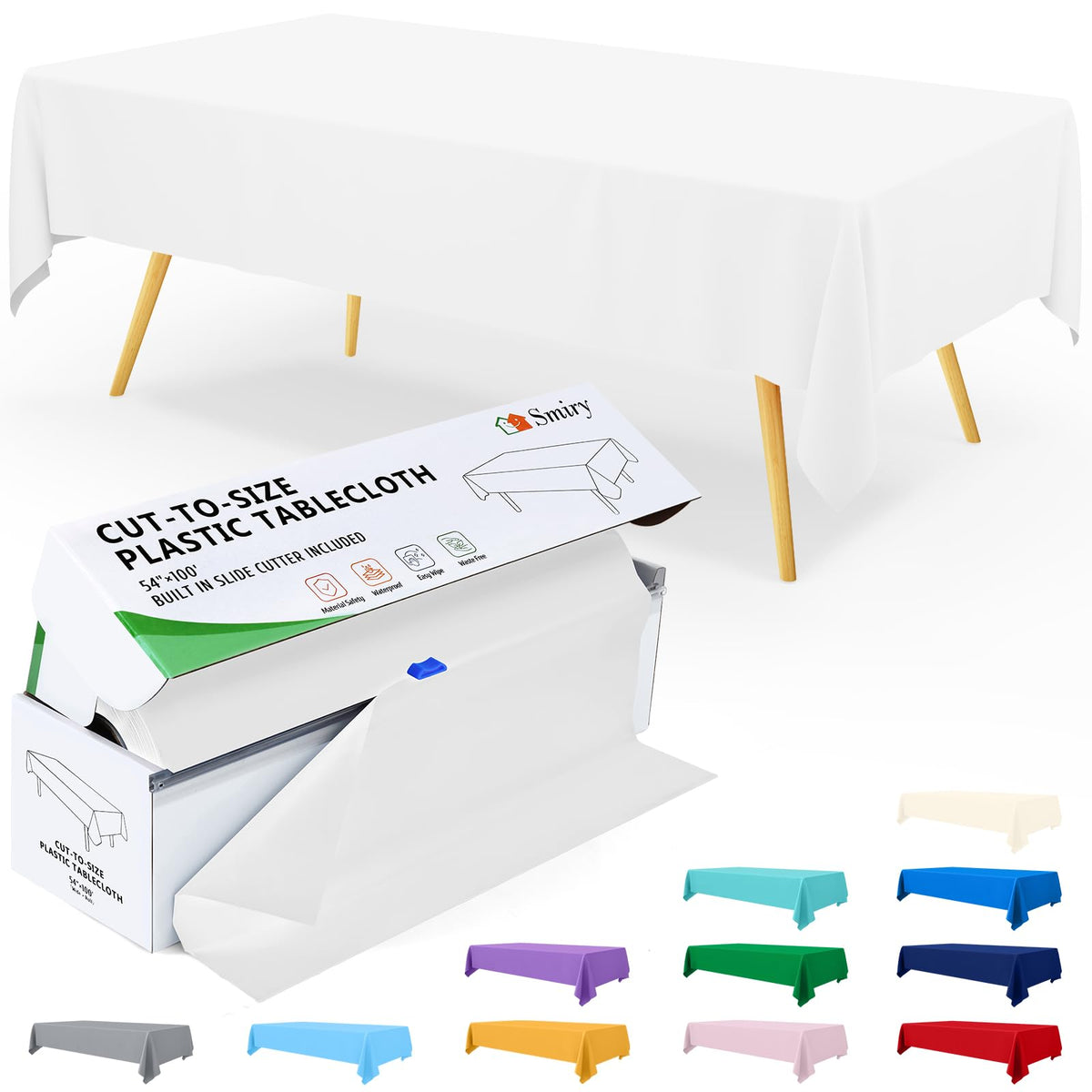 Smiry 54-inch table cover roll in a box for easy storage.