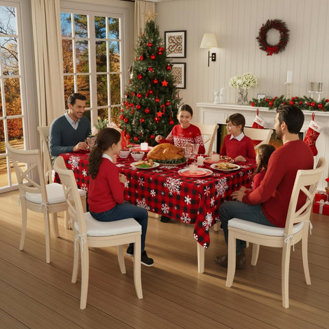 Smiry 54x120 red check disposable tablecloth long coverage for banquet-style dining.