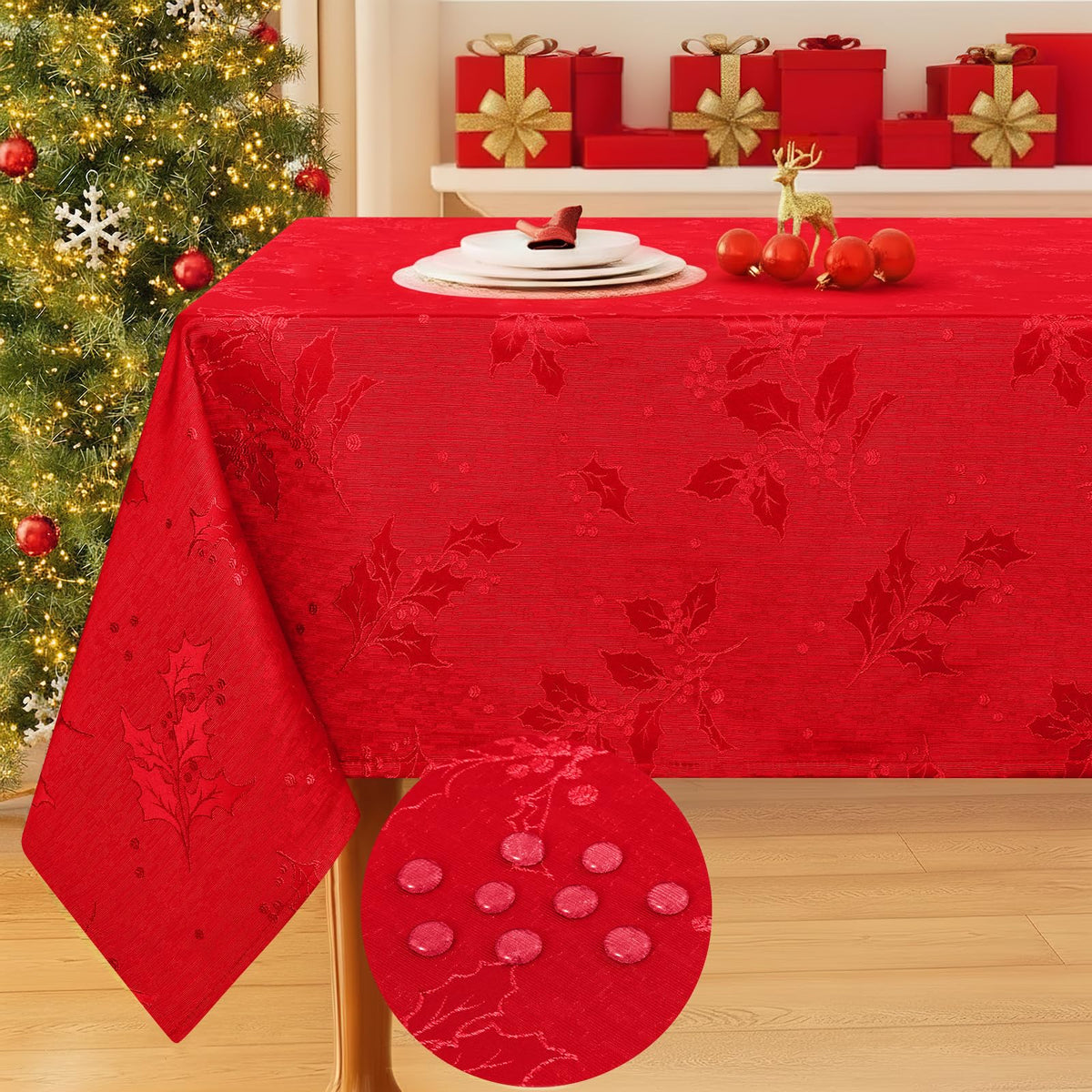 Smiry red damask tablecloth with holly, ideal for festive Christmas dinners.