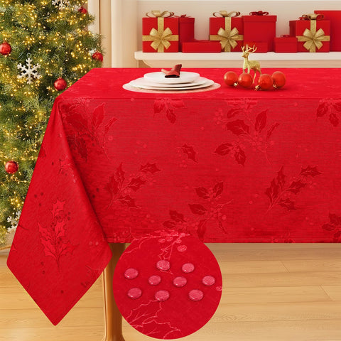 Smiry red damask tablecloth with holly, ideal for festive Christmas dinners.