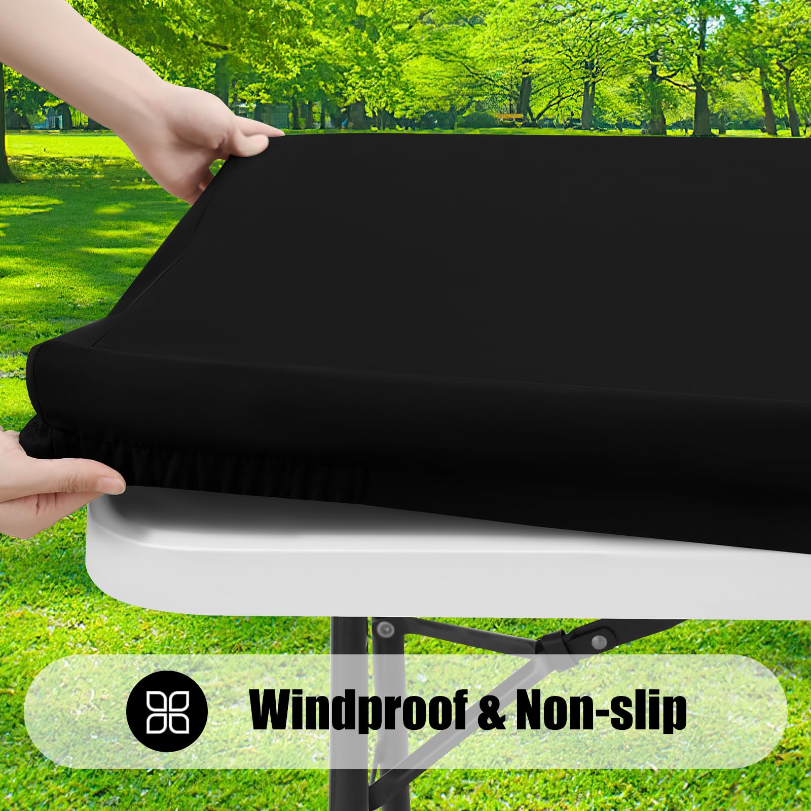 Smiry elastic edge fitted tablecloth secured on a table outside.