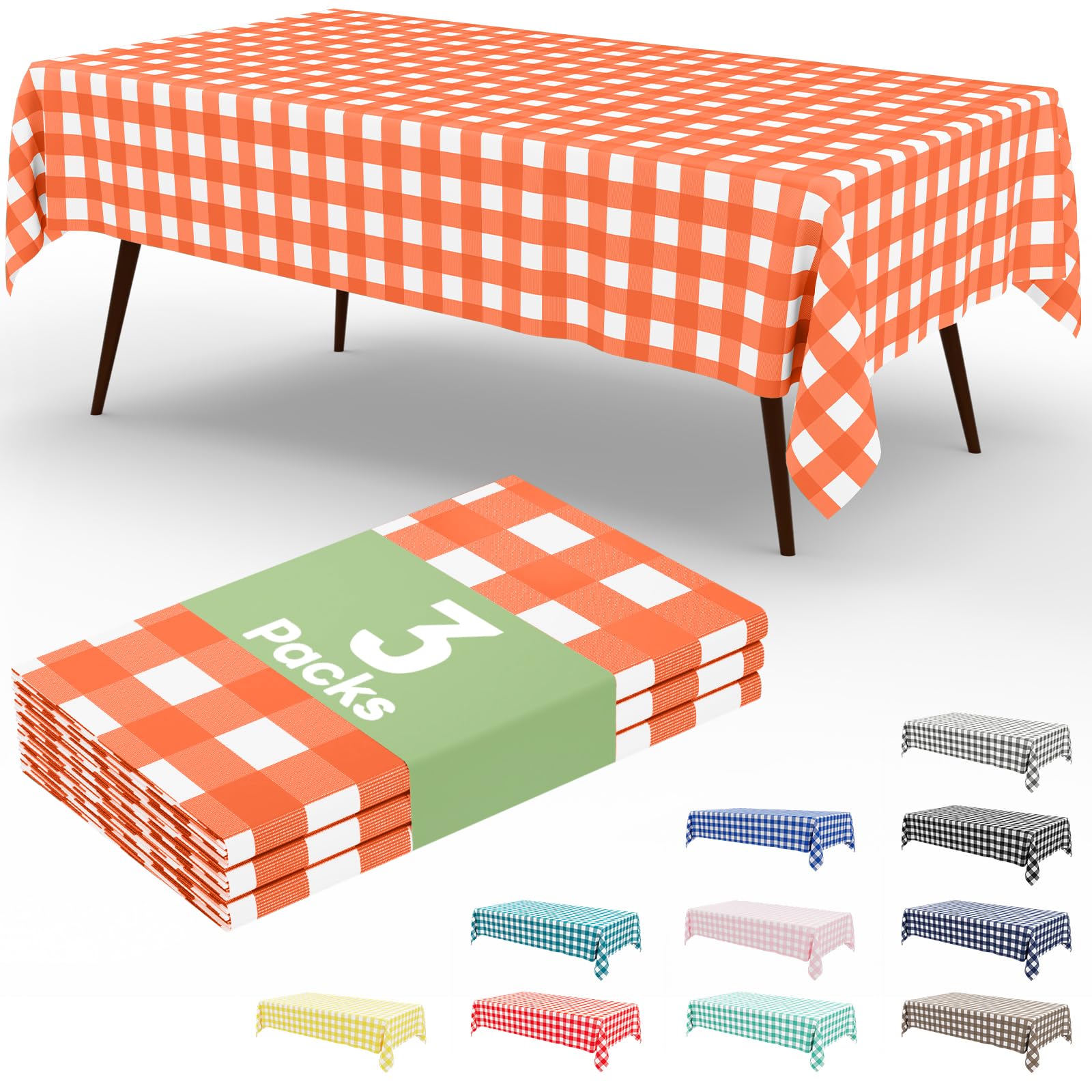 Smiry orange gingham tablecloth 54x108, durable disposable cover for outdoor dining.
