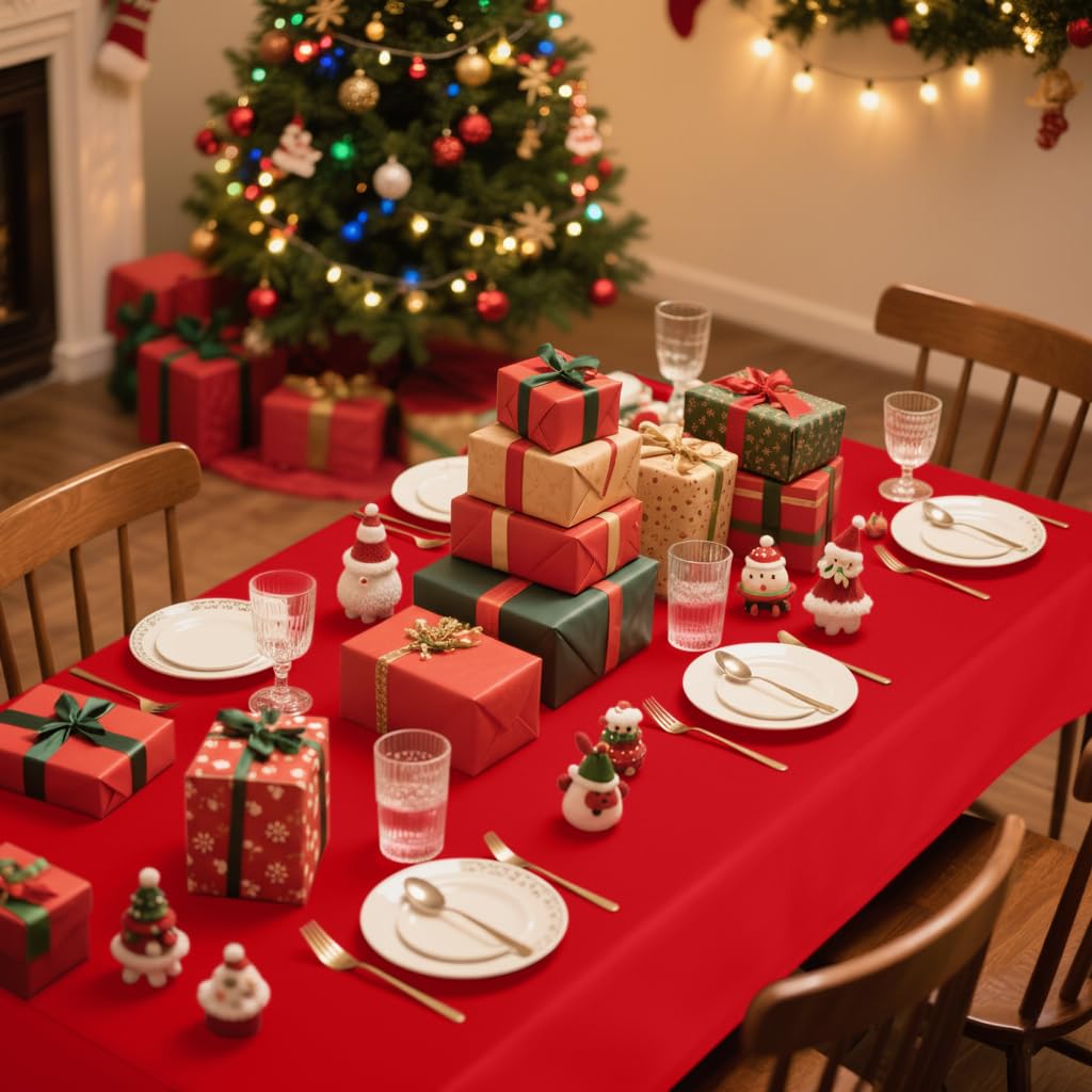 Smiry red table cover protects tabletops for weddings, banquets, and parties.