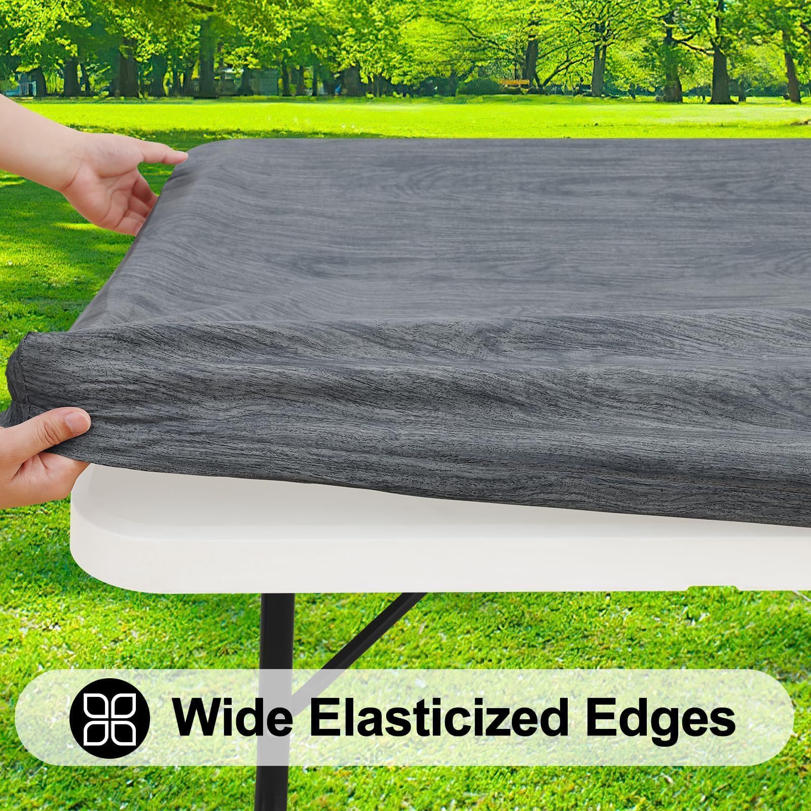 Smiry elastic fitted edge keeps the cover secure on 6ft tables outdoors.