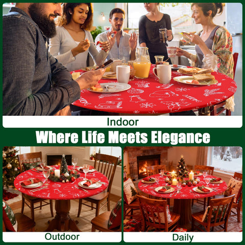 Smiry round spandex tablecloth in color options enables coordinated dining.