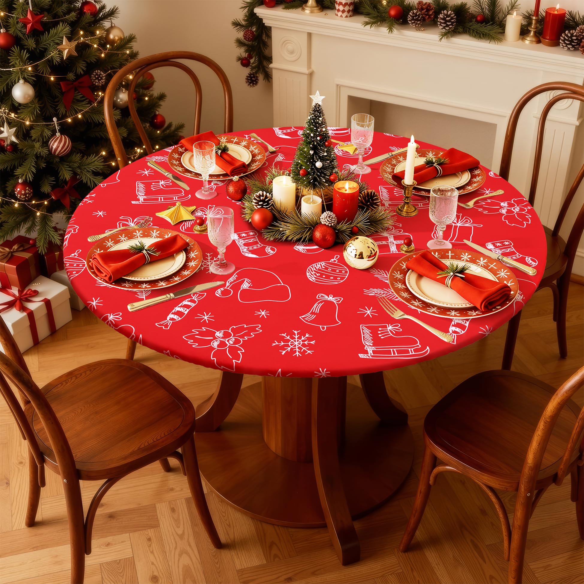 Smiry round spandex tablecloth during dinner party creates elegant spill-resistant setup.