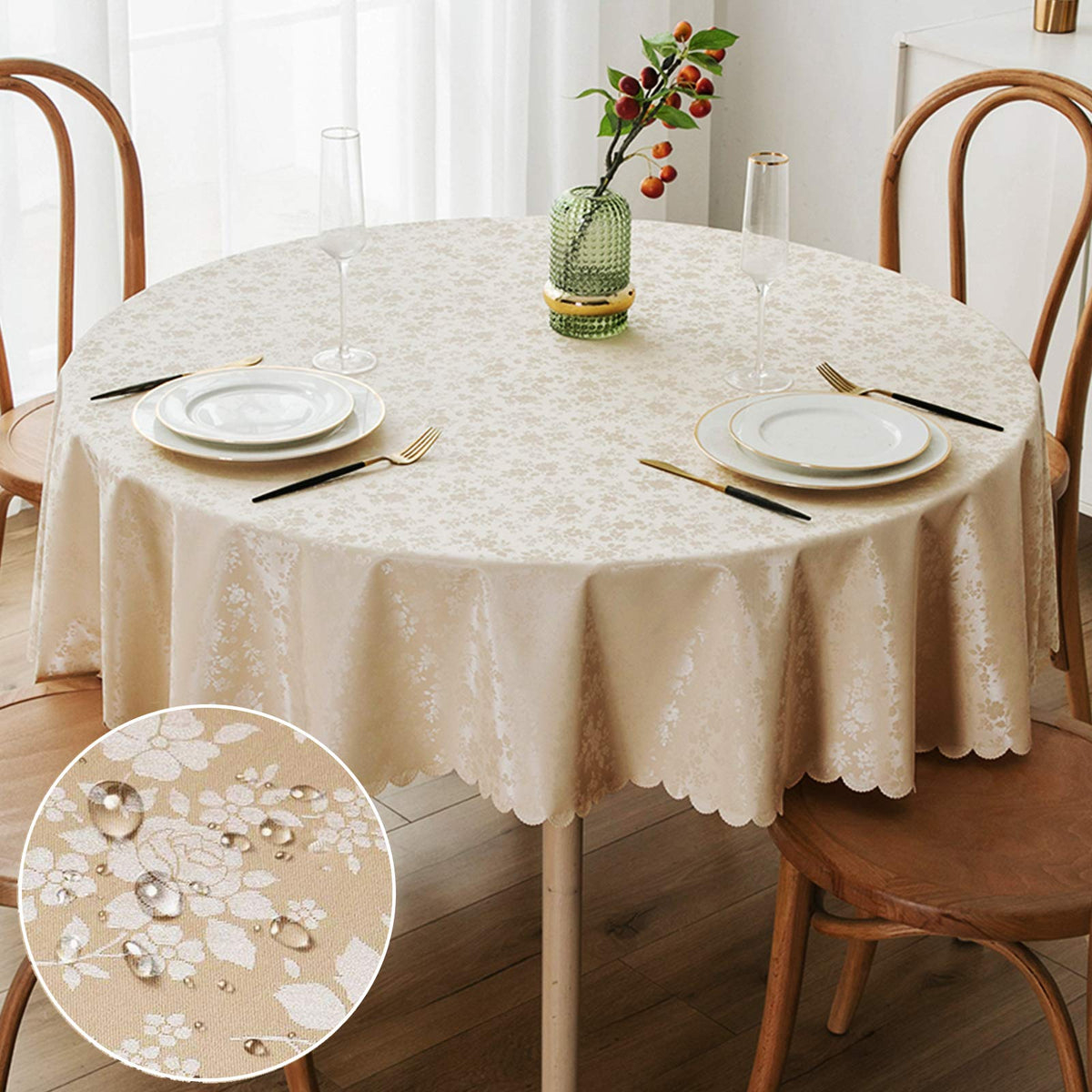Smiry beige round table cloth sits on a table, waterproof and durable for daily dining.
