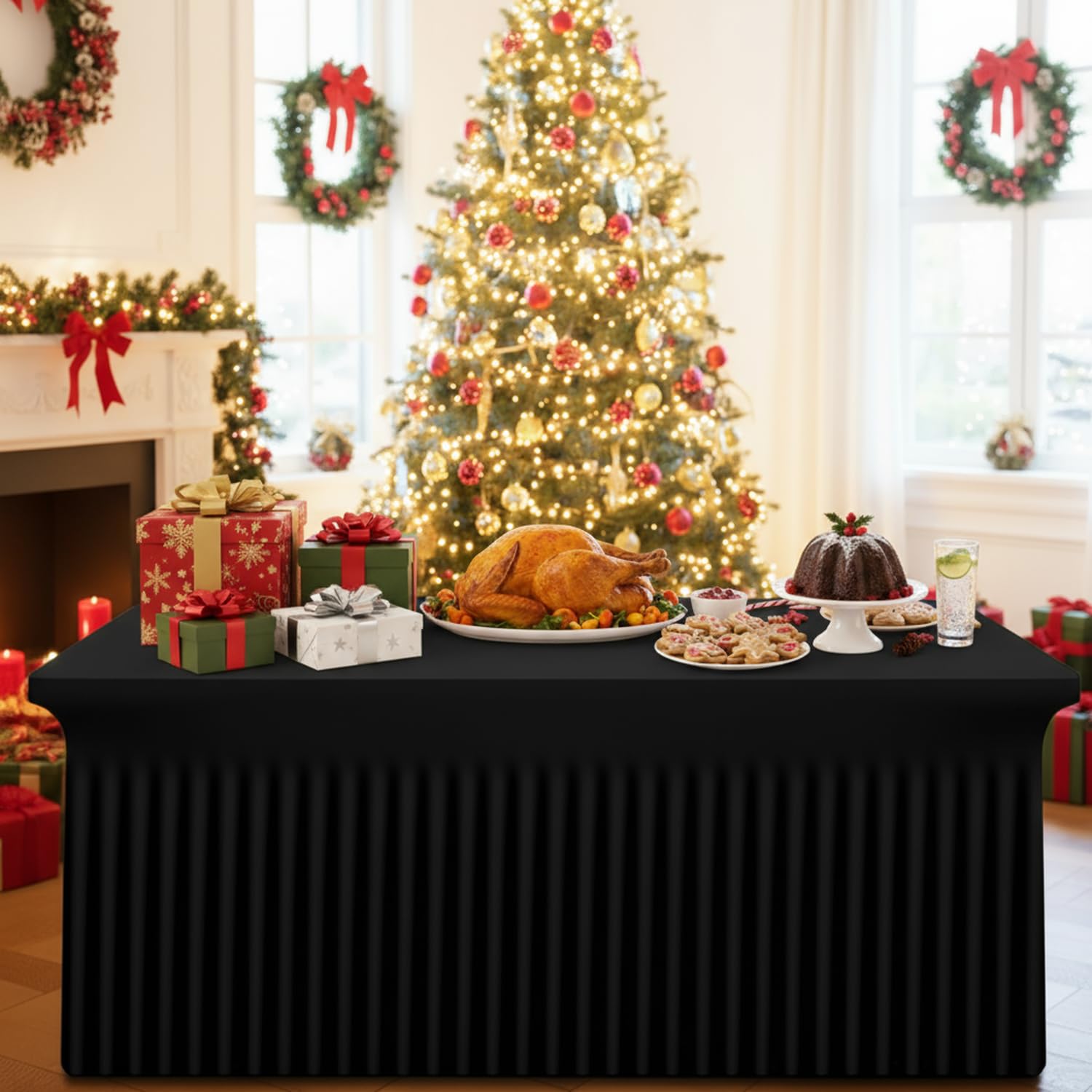 Smiry Spandex tablecloth in black enhances venue elegance.