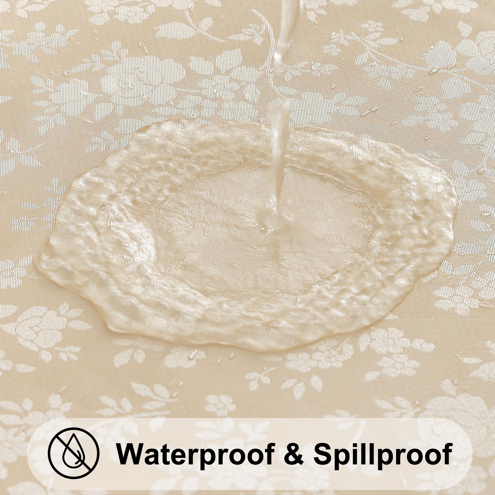 Smiry waterproof beige tablecloth protecting dining surface from spills during meals.