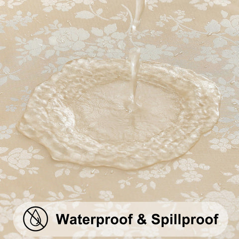 Smiry waterproof beige tablecloth protecting dining surface from spills during meals.