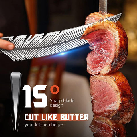 Smith Chu boning knife with leather sheath ready for outdoor cooking