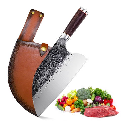 Smith Chu Serbian meat cleaver with sheath ready for safe storage and bold slicing.