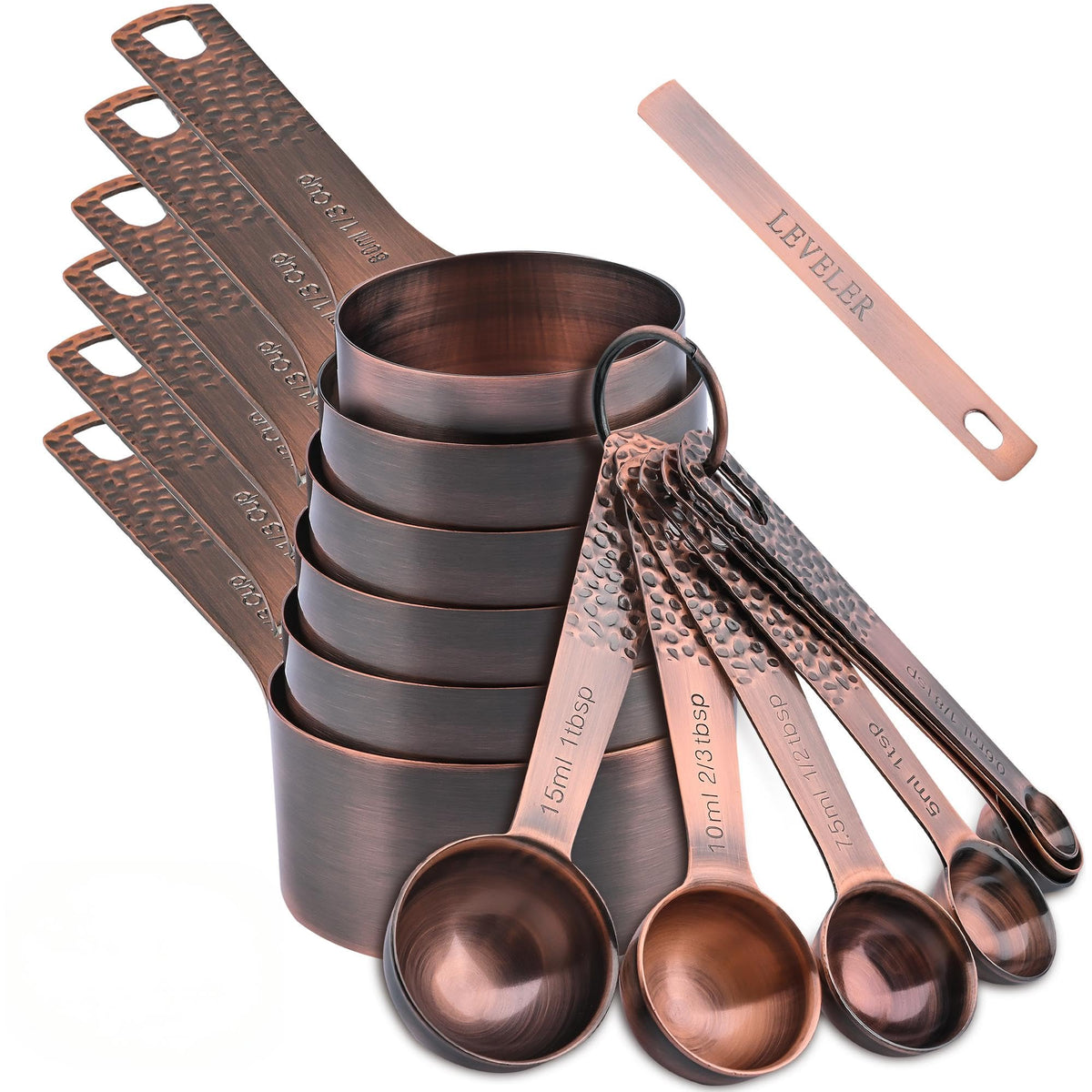 Smithcraft copper measuring cups set wide shot; durable stainless steel with copper plating for precise measuring.