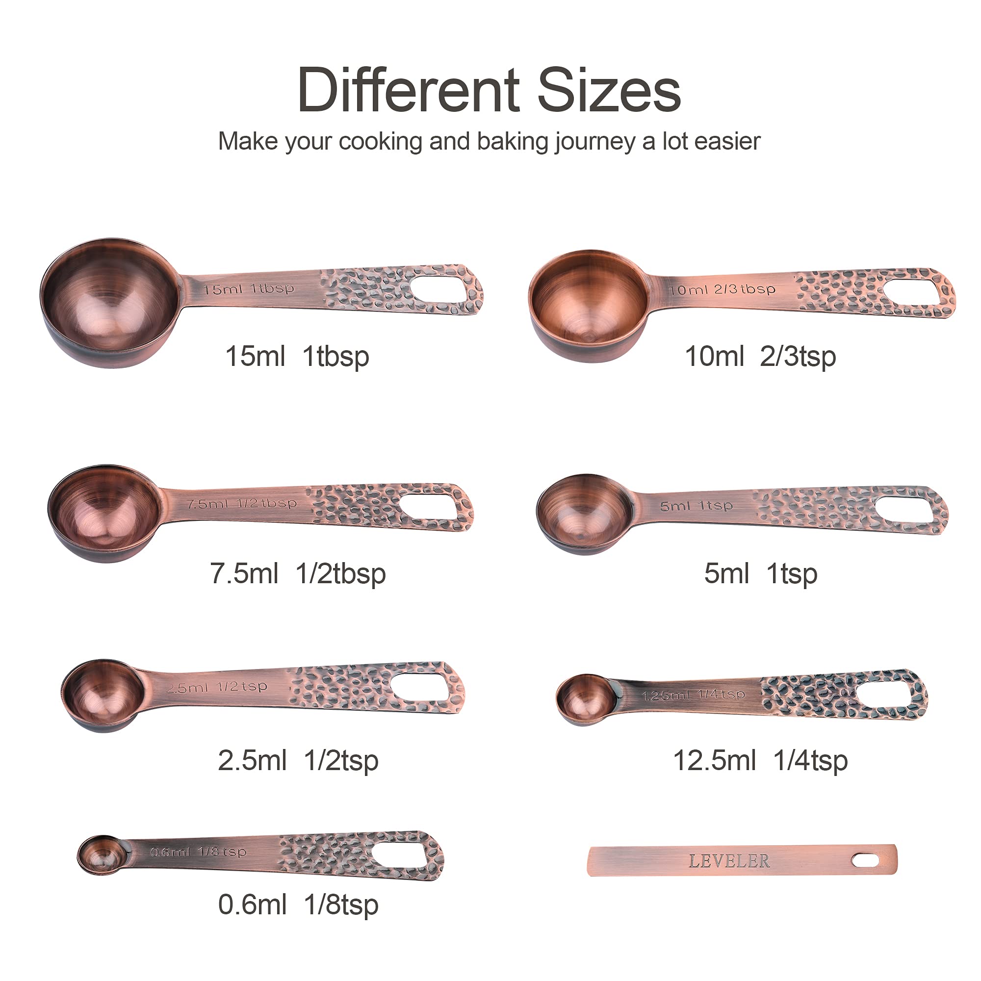 Smithcraft copper measuring spoons locking rings keep pieces together.