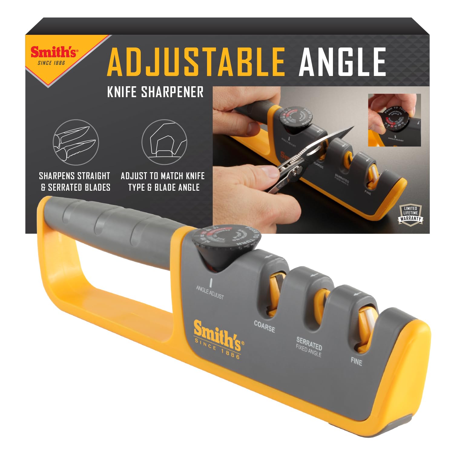 Smith's adjustable-angle knife sharpener dial for precise six-angle edge tuning