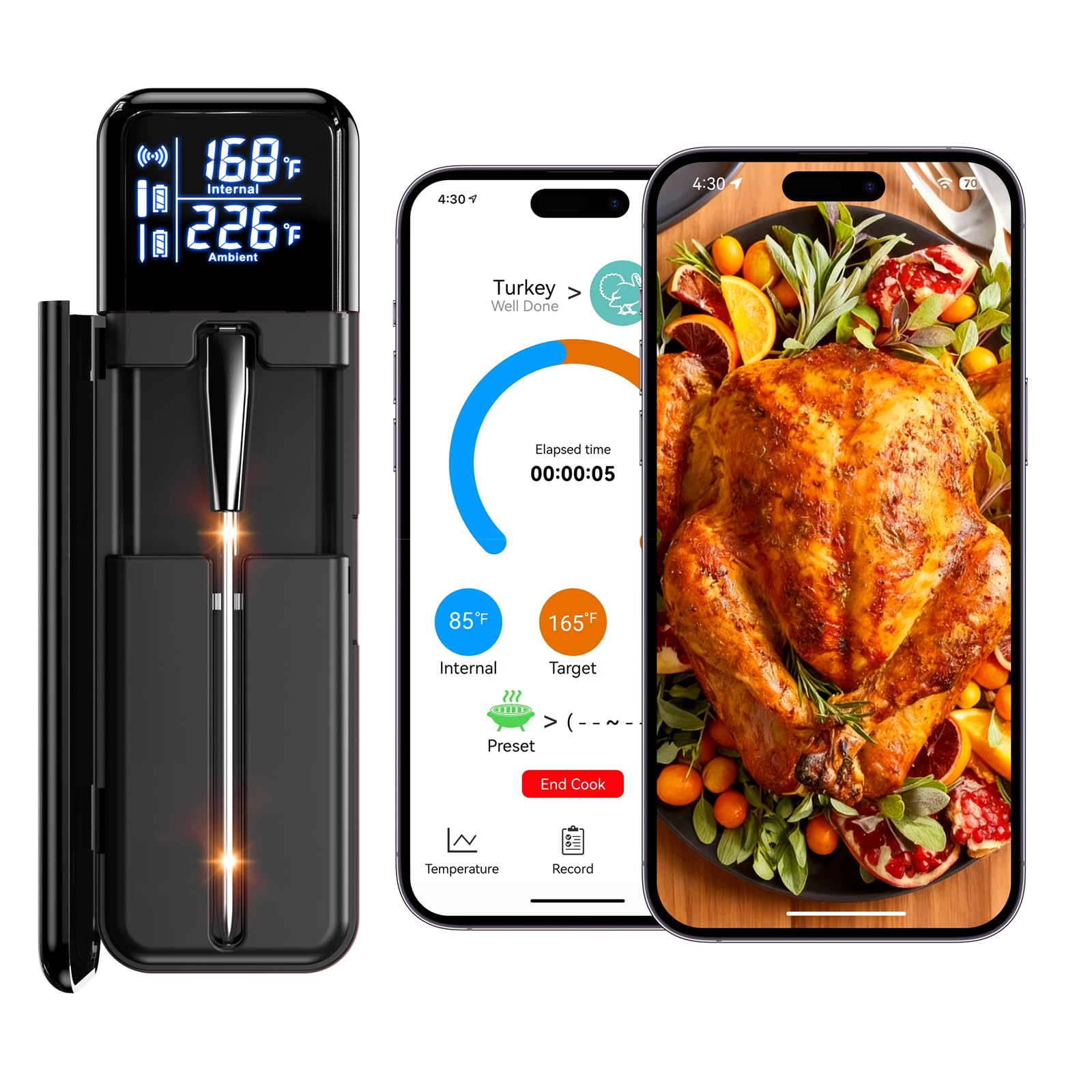 SMNQIUA smart wireless meat thermometer in use, real-time monitoring from kitchen