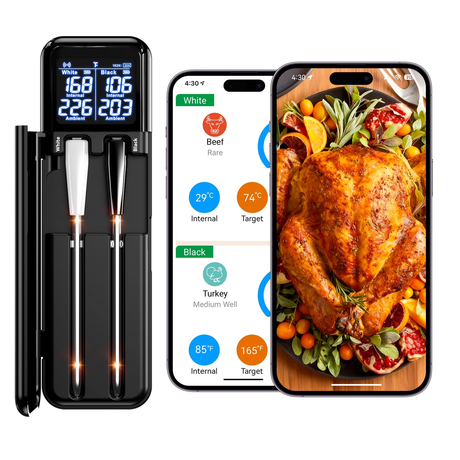 SMNQIUA Smart Wireless Meat Thermometer setup view shows quick-connect for seamless cooking