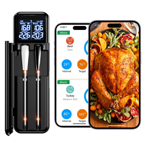 SMNQIUA Smart Wireless Meat Thermometer setup view shows quick-connect for seamless cooking