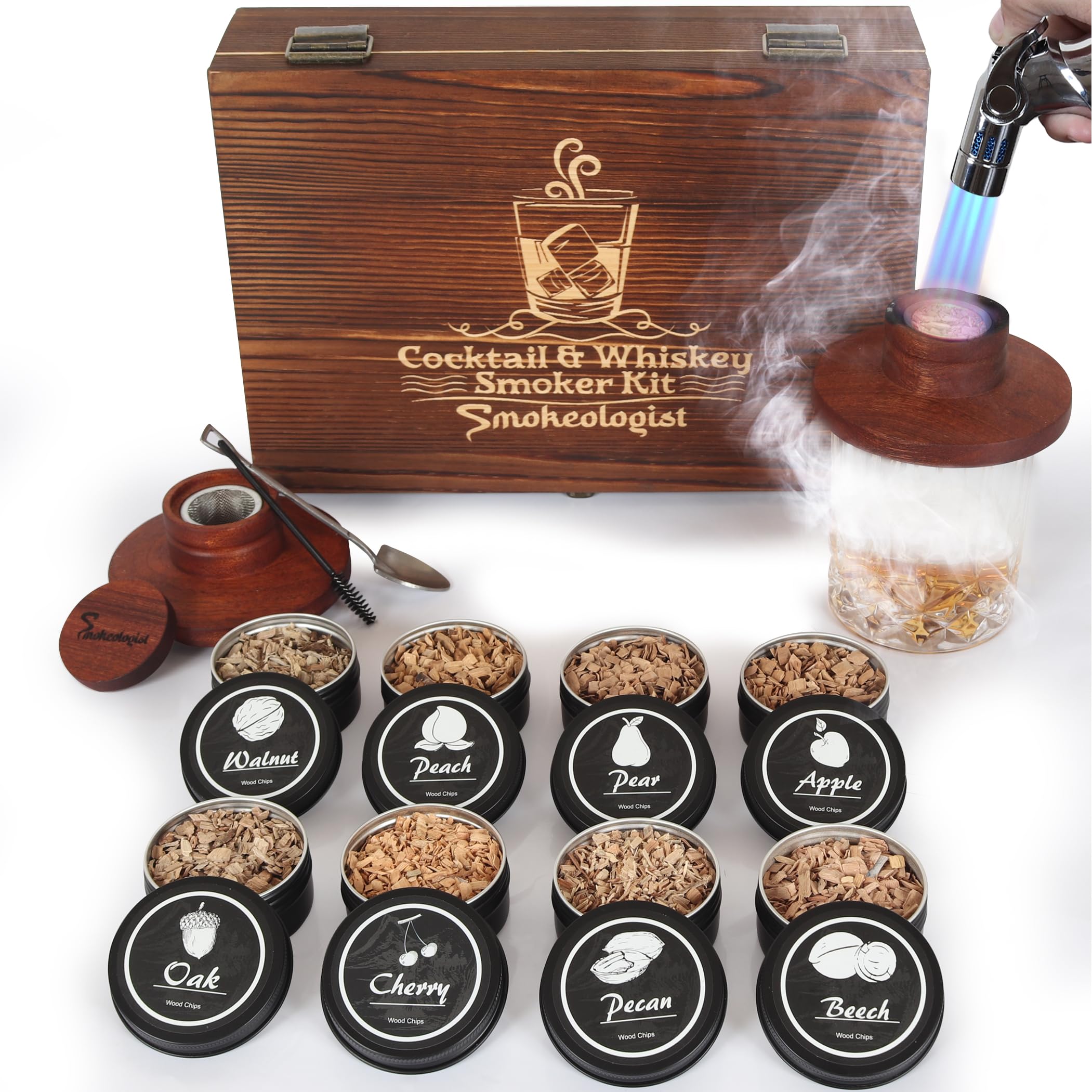 Smokeologist whiskey smoker kit with torch in premium gift box creates dramatic smoky cocktails.