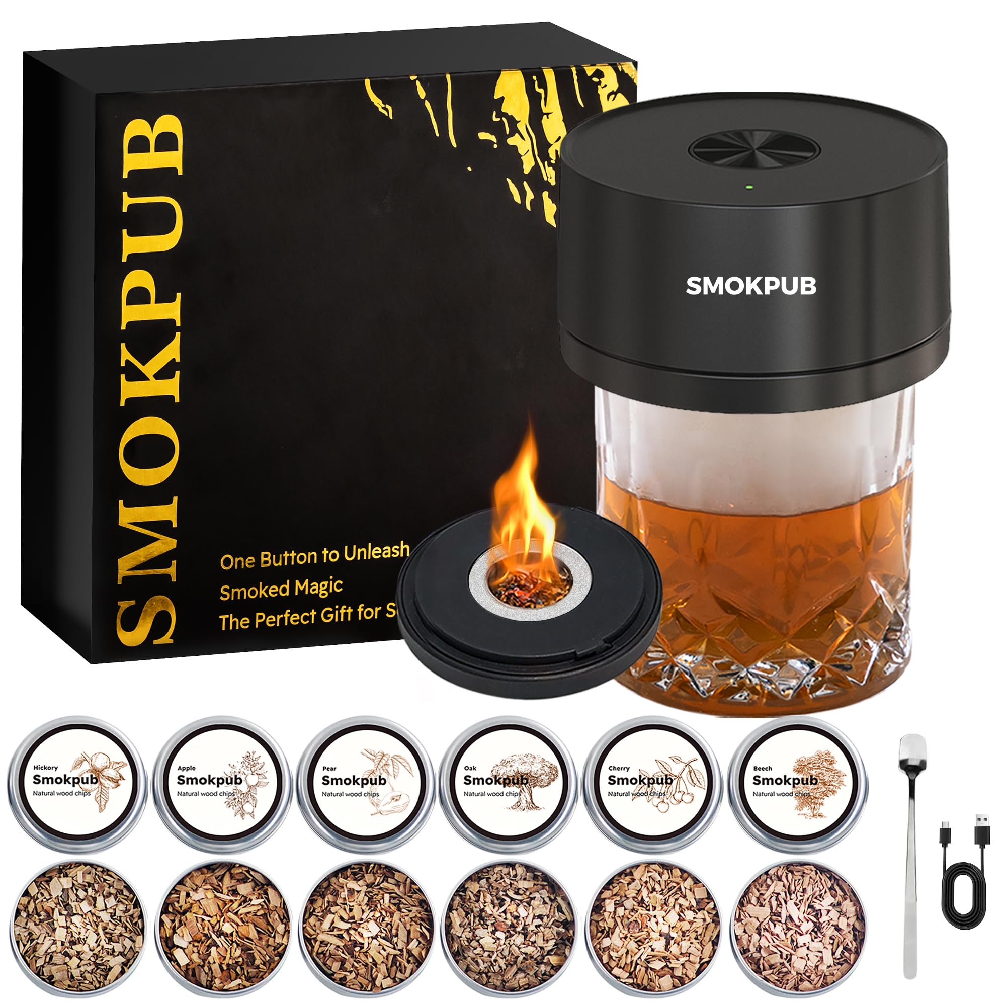 Smokpub electric whiskey smoker kit with built-in lighter for safe, flame-free sessions.