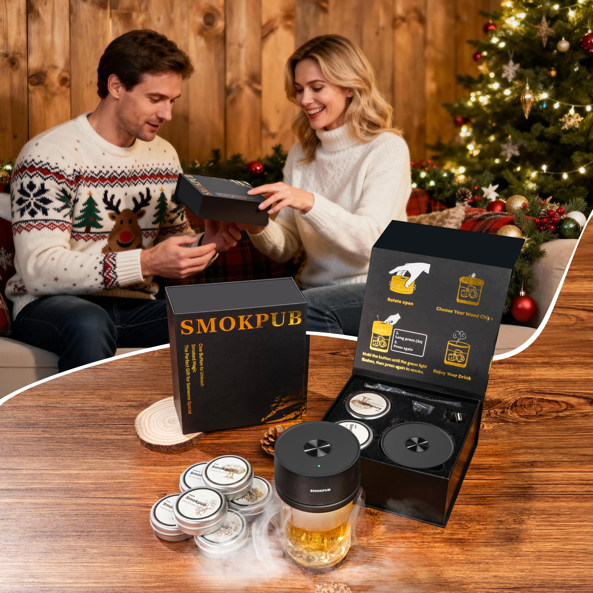 Smokpub wood chip set includes oak, apple, hickory, cherry, pear, and beech for rich aroma.