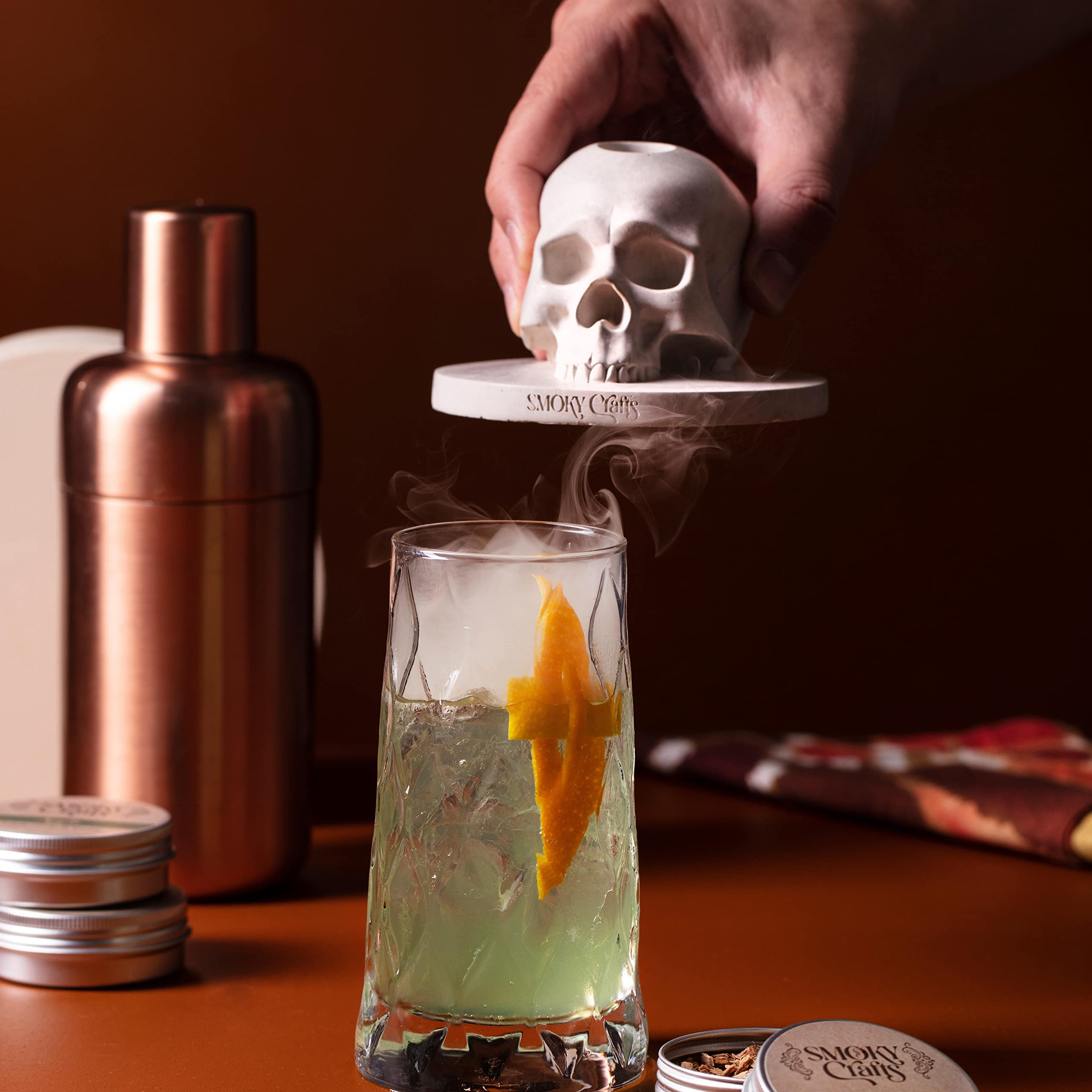 Smoky Crafts home bar setup inspires smoked cocktails.
