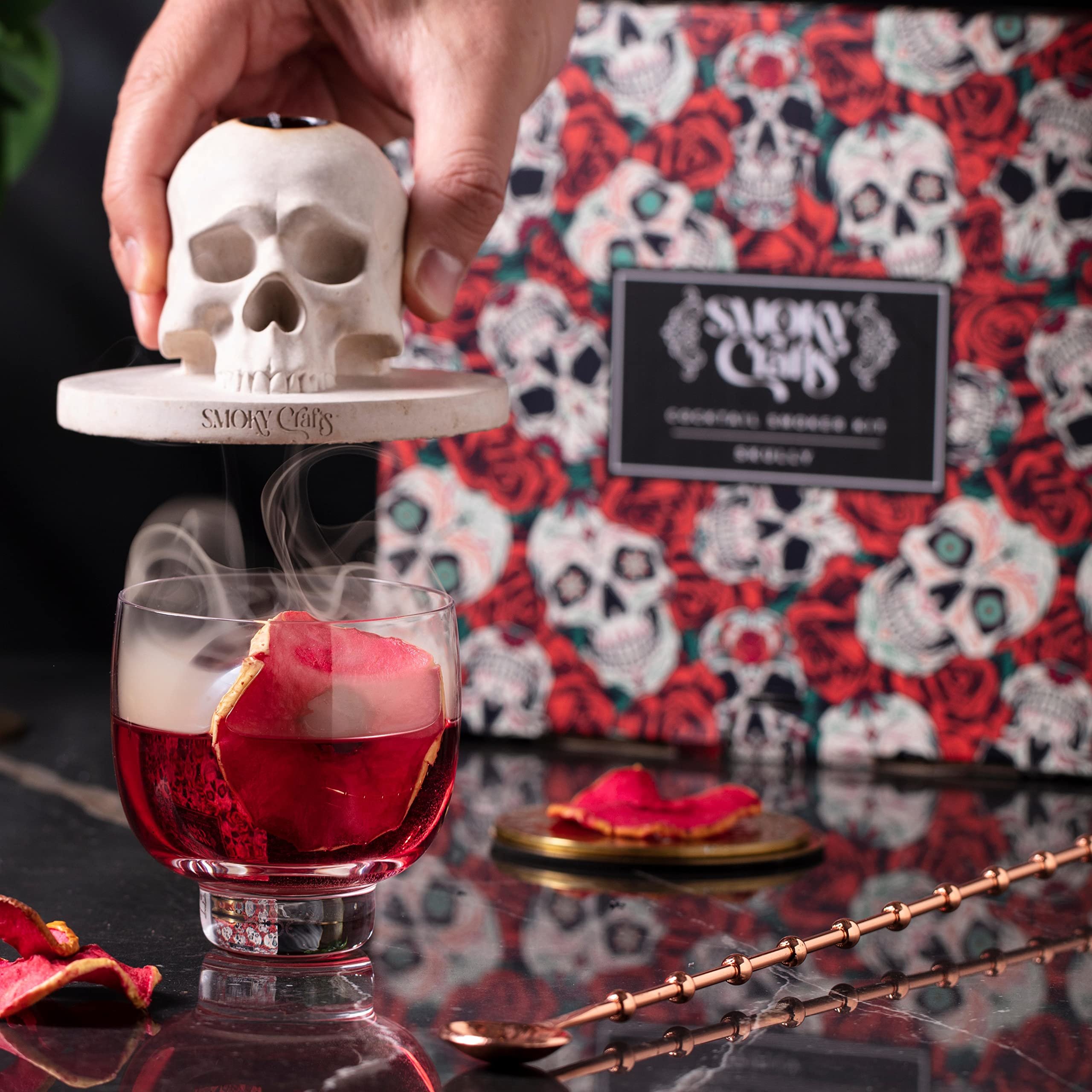Smoky Crafts old-fashioned glass with skull smoker ready for use.