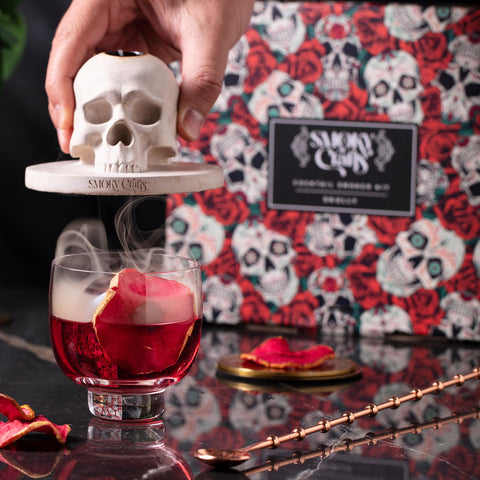 Smoky Crafts old-fashioned glass with skull smoker ready for use.