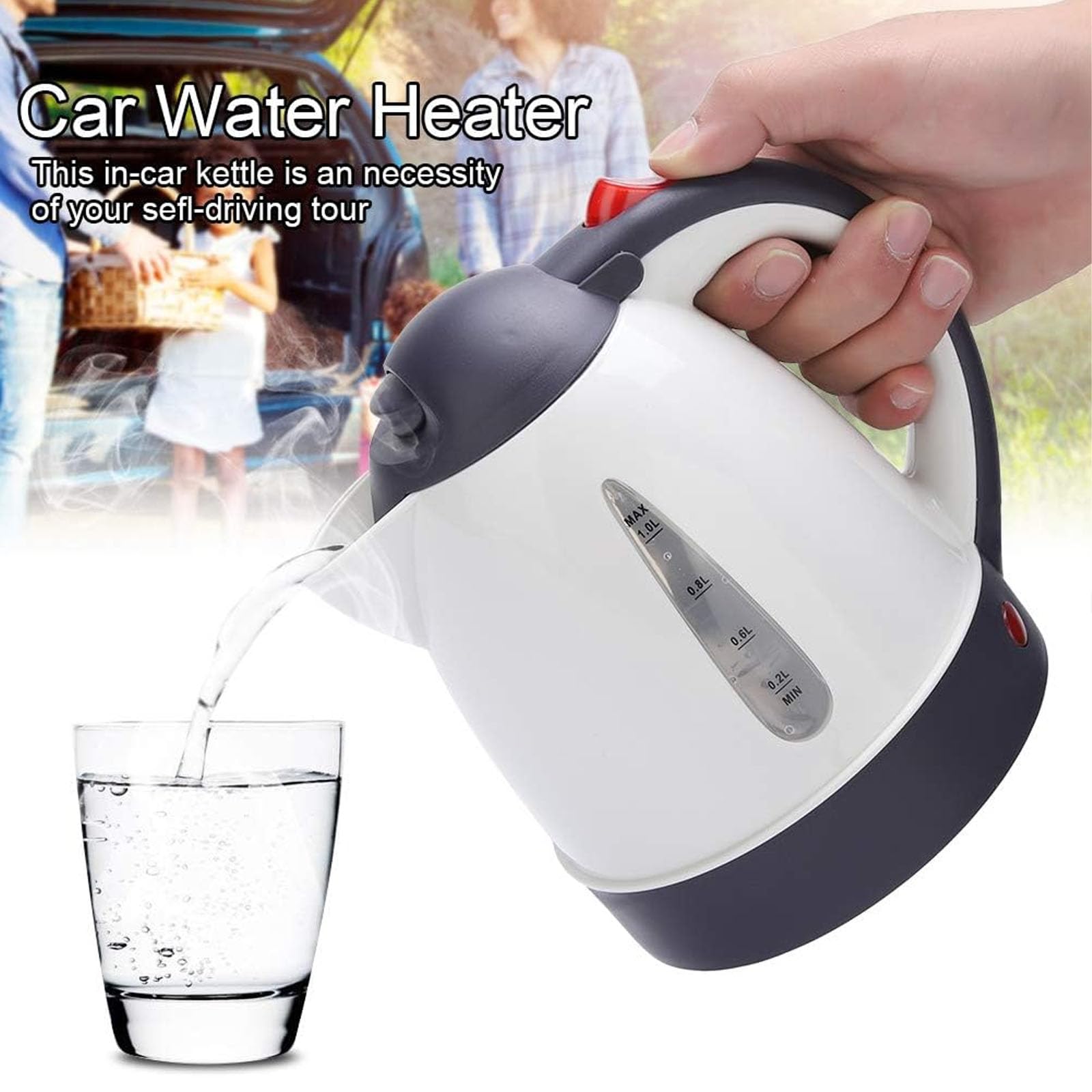 Smowfes 12V car kettle with auto shut-off ensuring safe heating.