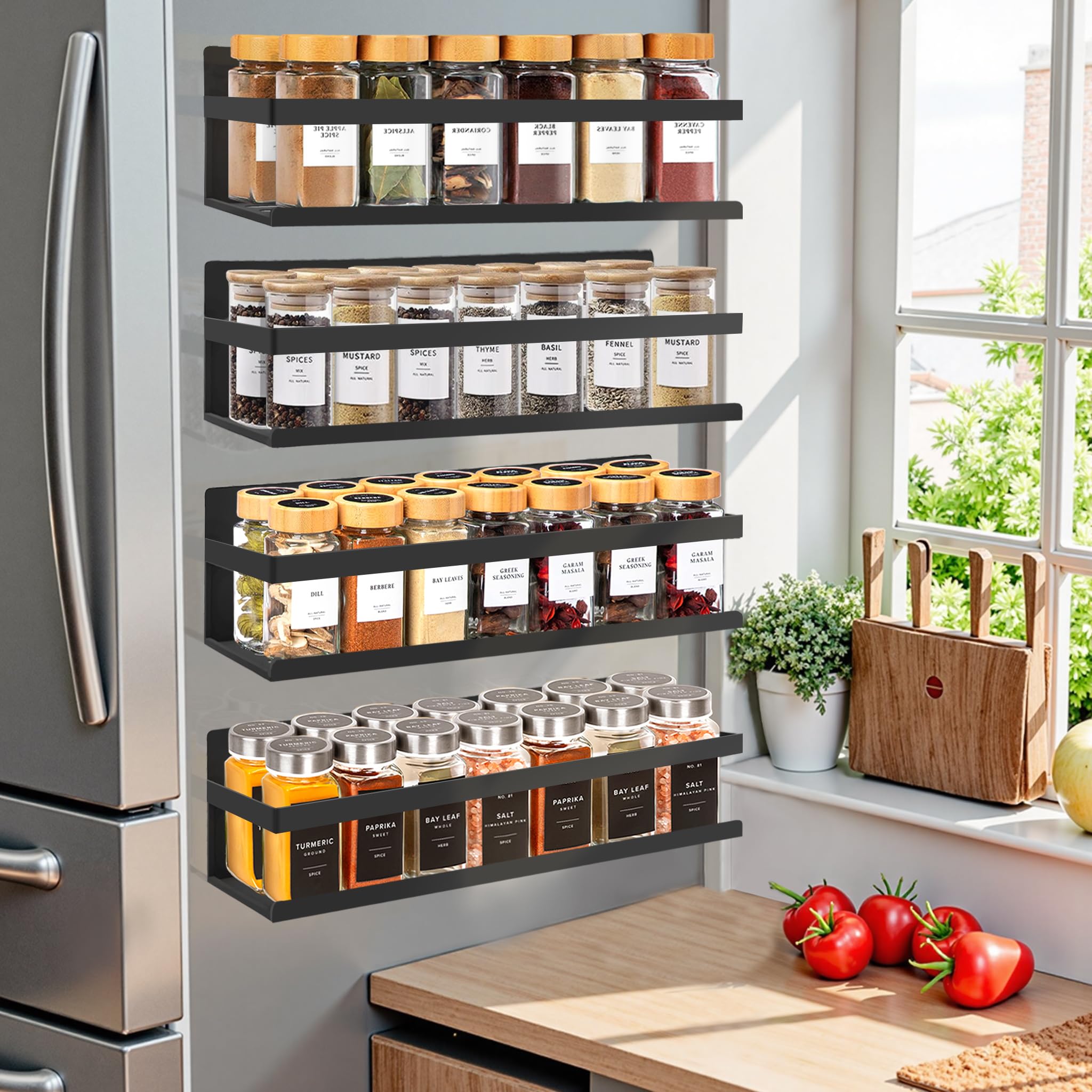 SMRCAD magnetic spice rack on fridge side for quick access to spices.