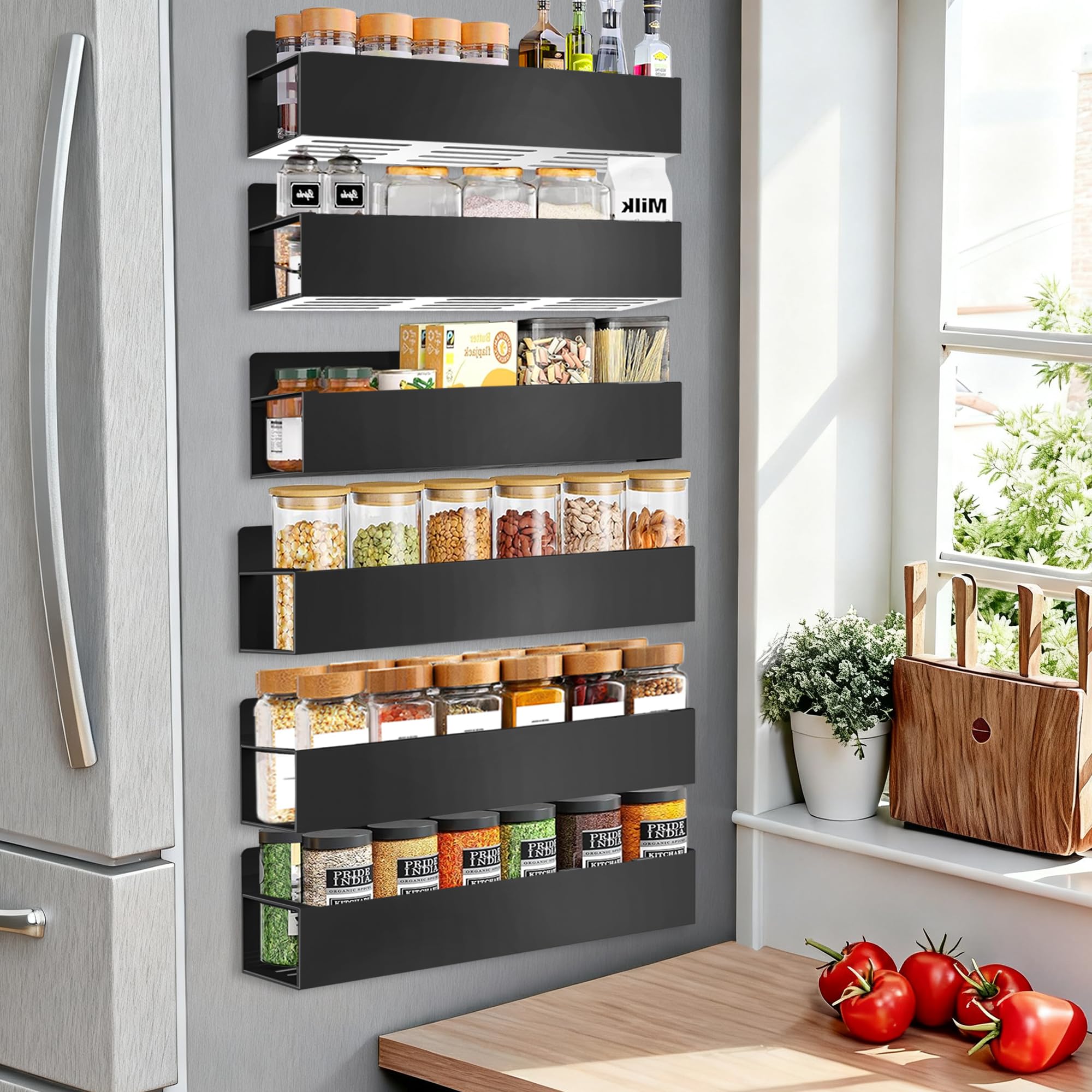 SMRCAD magnetic spice rack on fridge side for easy, reachable spices.
