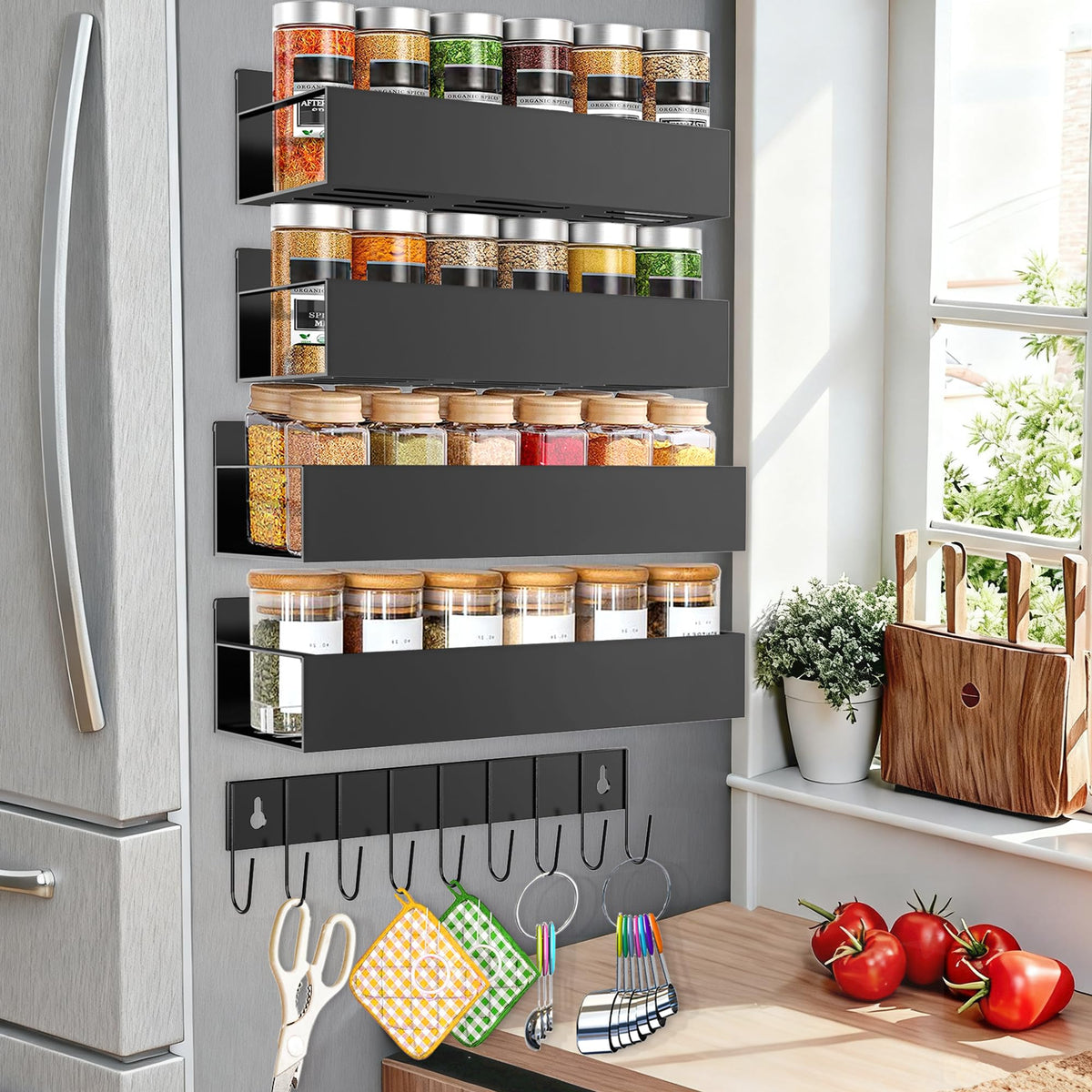 SMRCAD magnetic spice rack attached to fridge side for easy access