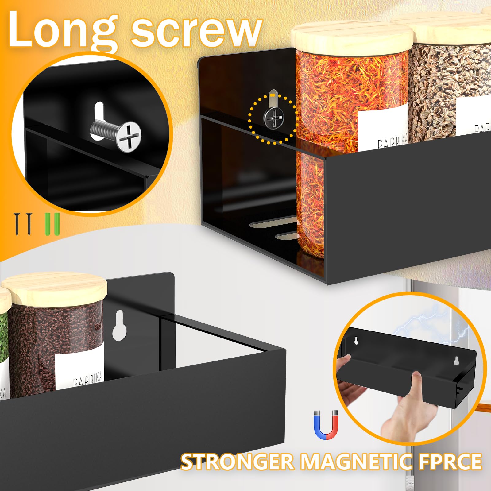 SMRCAD magnetic rack with heavy-duty magnets securely hold spice bottles.