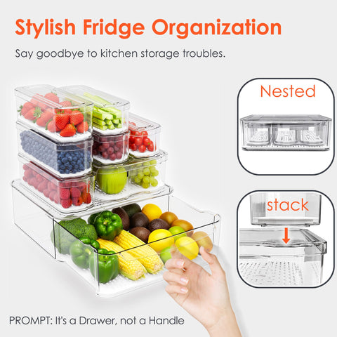 SMRCAD stackable storage bins maximize fridge space and order.