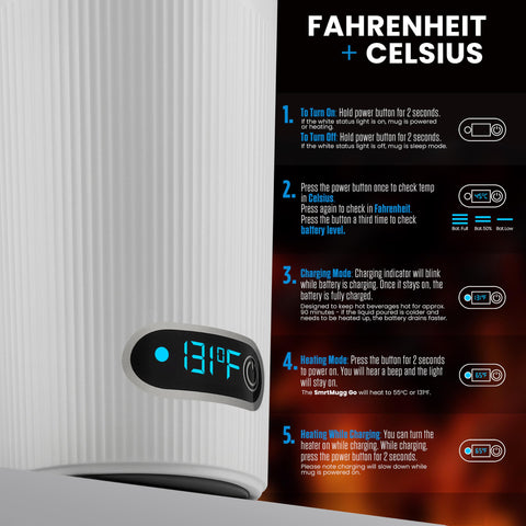 SmrtMugg GO maintains about 131°F for up to 90 minutes of warmth.