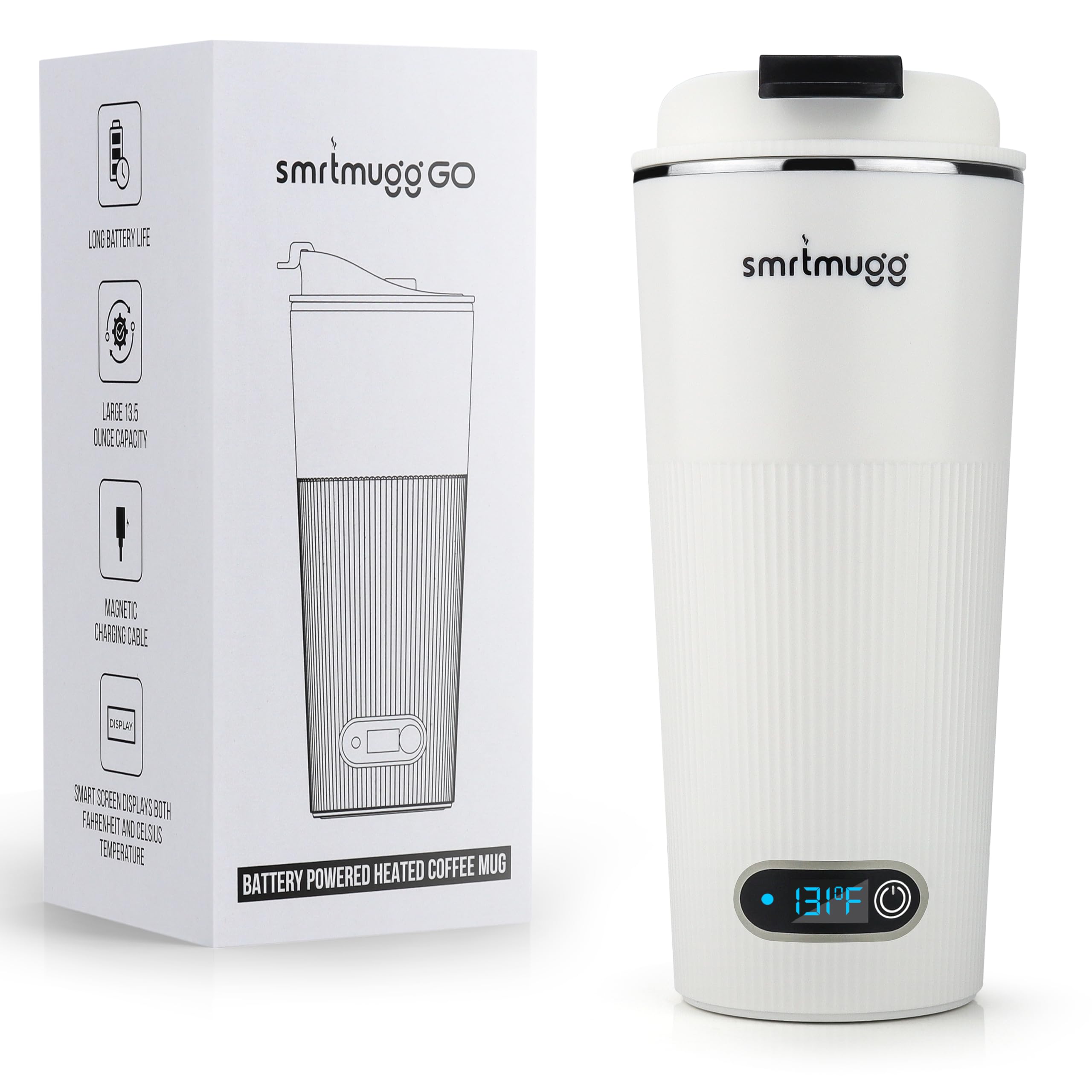SmrtMugg GO coffee mug front view, ideal for on‑the‑go sipping and style.