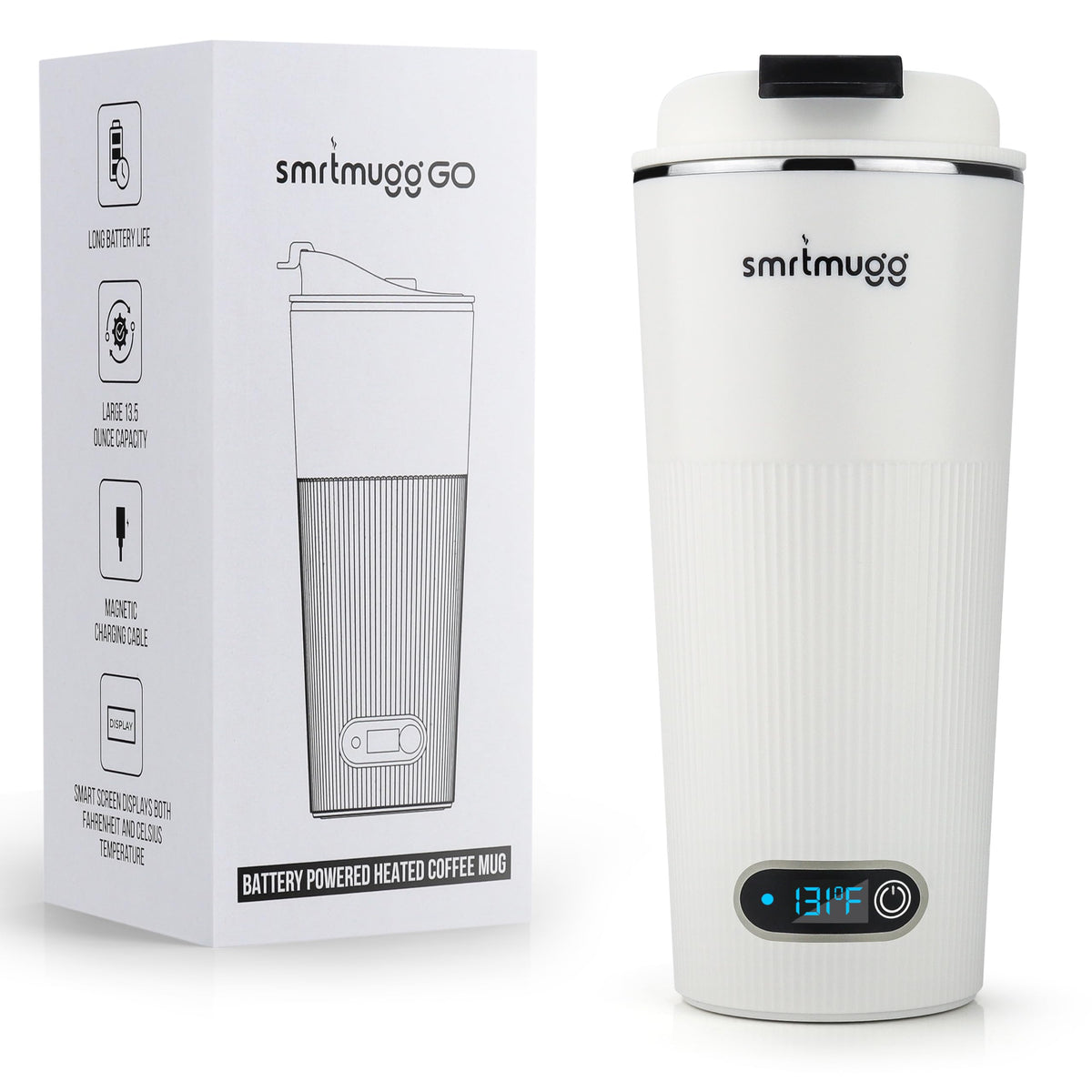SmrtMugg GO coffee mug front view, ideal for on‑the‑go sipping and style.