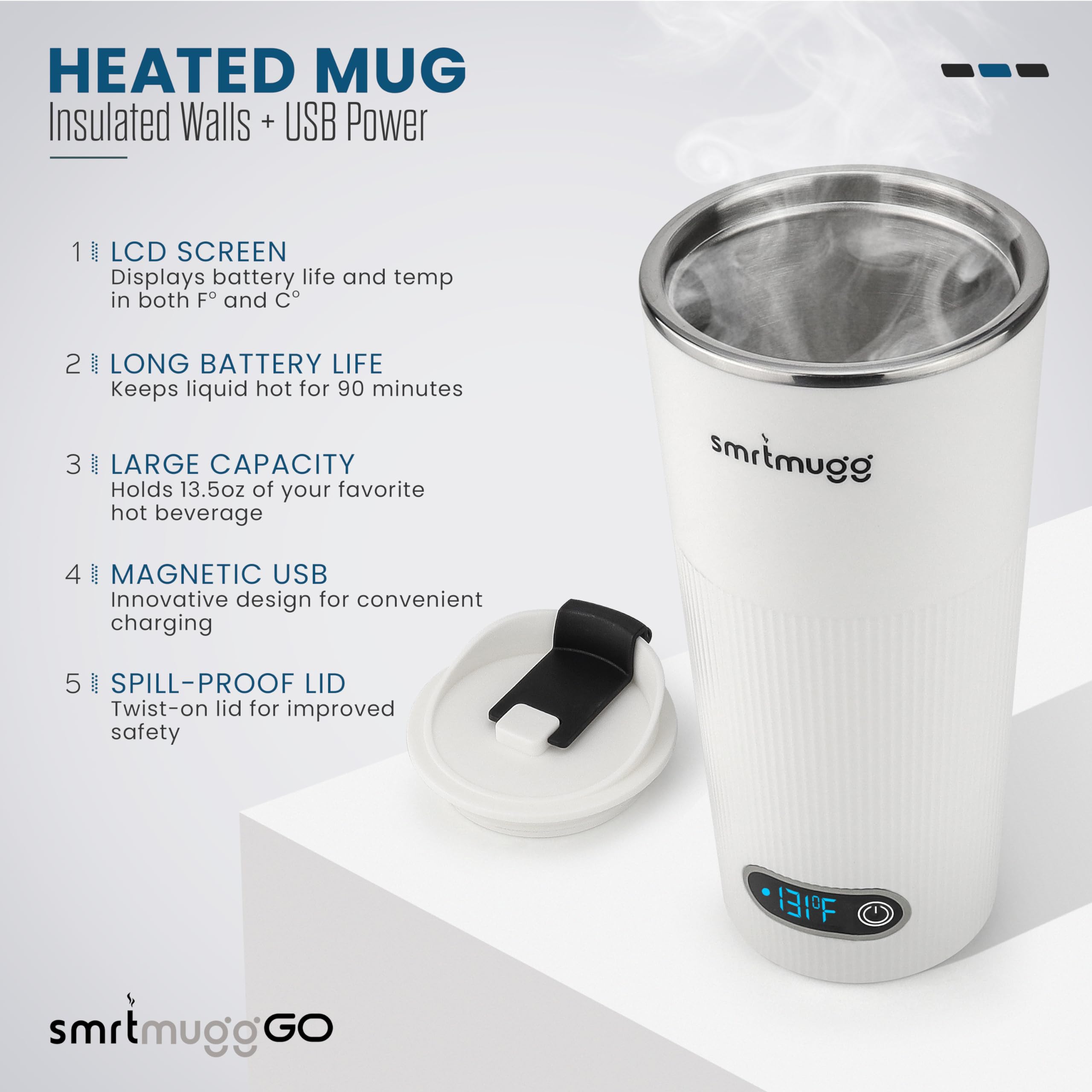 SmrtMugg GO with magnetic charging cable attached for quick recharge.