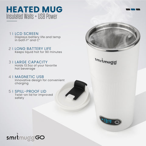 SmrtMugg GO with magnetic charging cable attached for quick recharge.