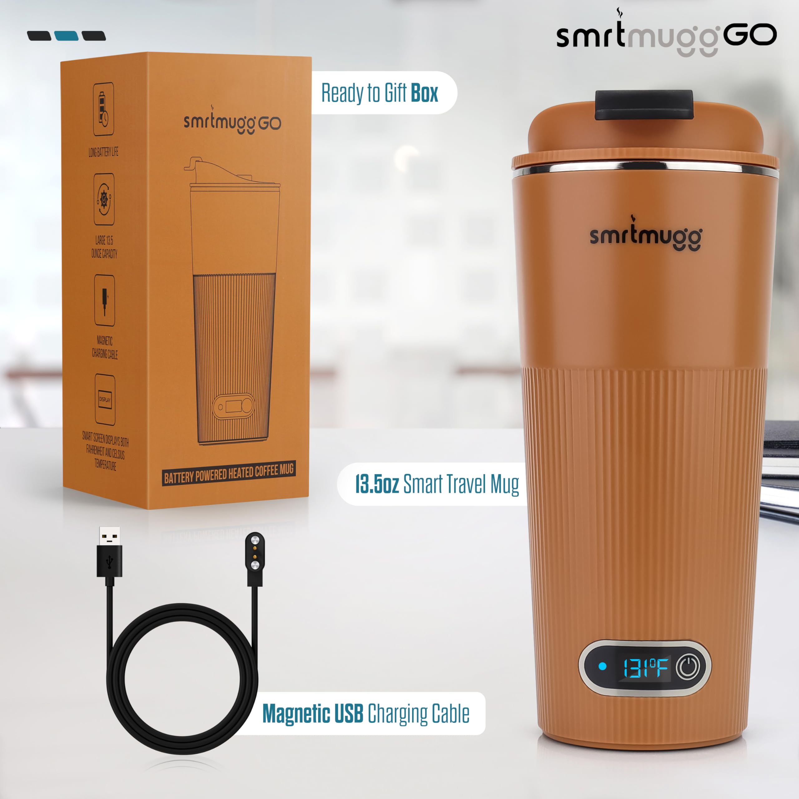 SmrtMugg GO mug temperature display indicating current heat level and battery