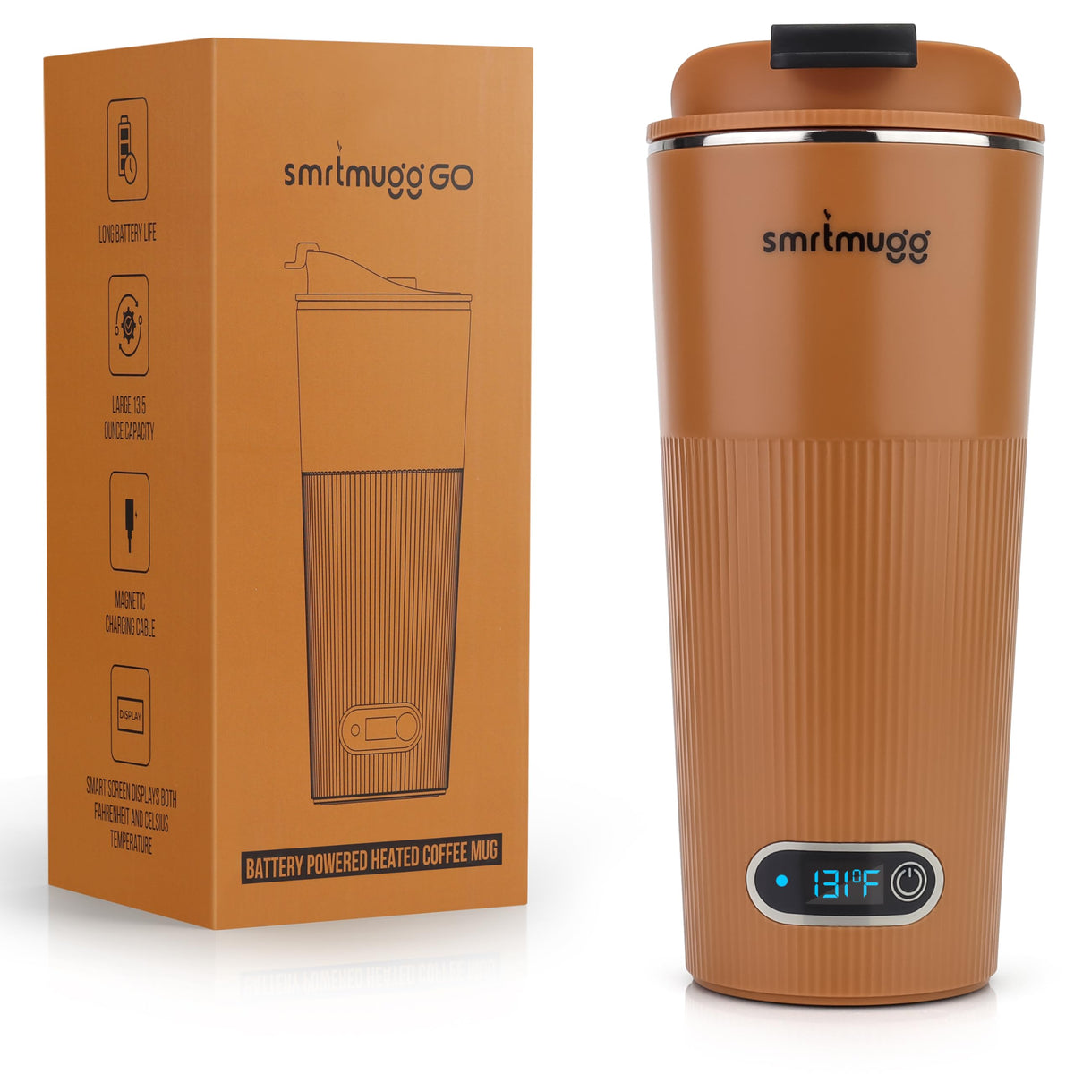 SmrtMugg GO mug turned on showing ready-to-use warmth for on-the-go coffee